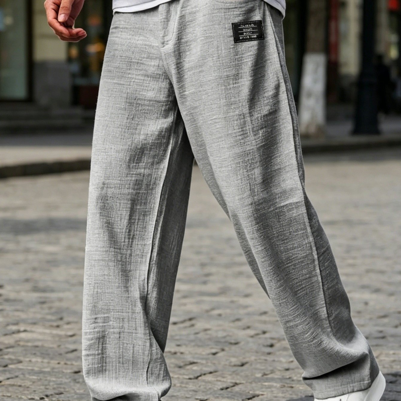 Image of Men Spring Summer Lightweight Pants, Casual Loose Fit Trousers, Fashion Logo Design, Thin Breathable Long Pants For Everyday