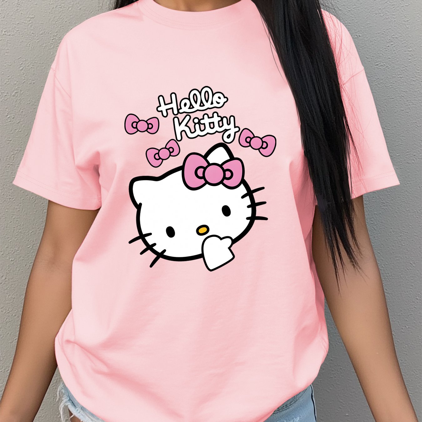 TEMU For Hello Kitty Women's Casual Tee - Adorable Cartoon Design With Round Neck And Short Sleeves, Comfortable And Breathable Material For Daily