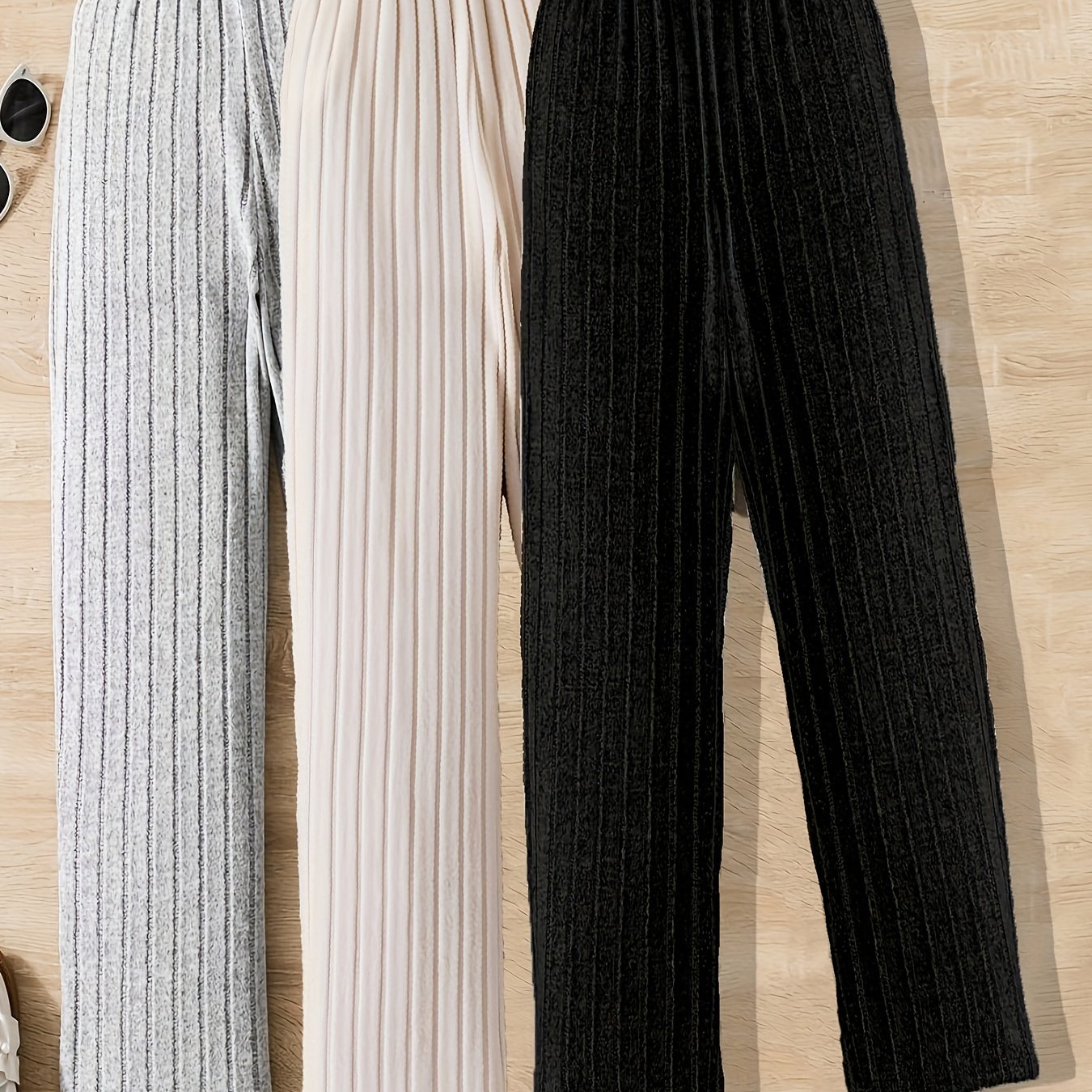 3pcs Set Of Solid Color Comfortable Ribbed Straight-leg Casual S Pants For Women
