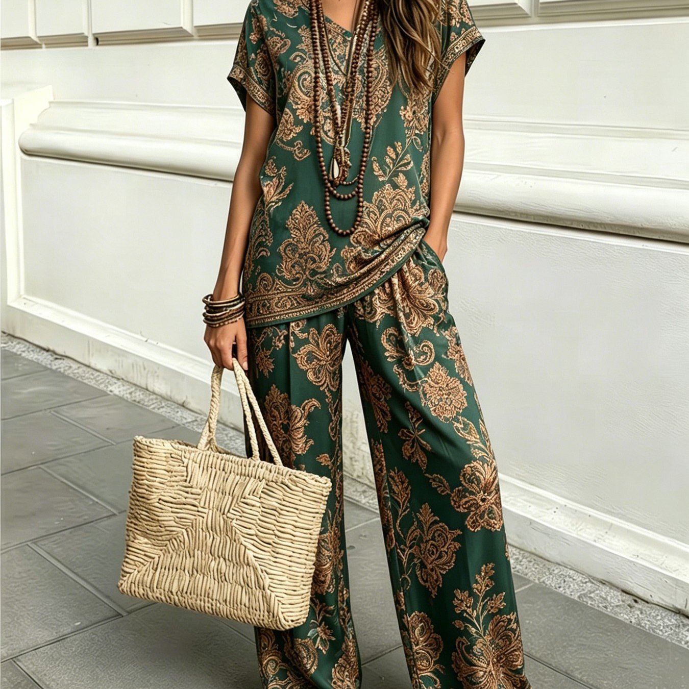 Image of Women'-piece Set, , V-neck Short Sleeve Top And Wide-leg Pants, Vintage Paisley Print, Loose Drape Silhouette, , Comfortable Breathable Fabric, Lazy Casual Figure-flattering, Suitable For Daily
