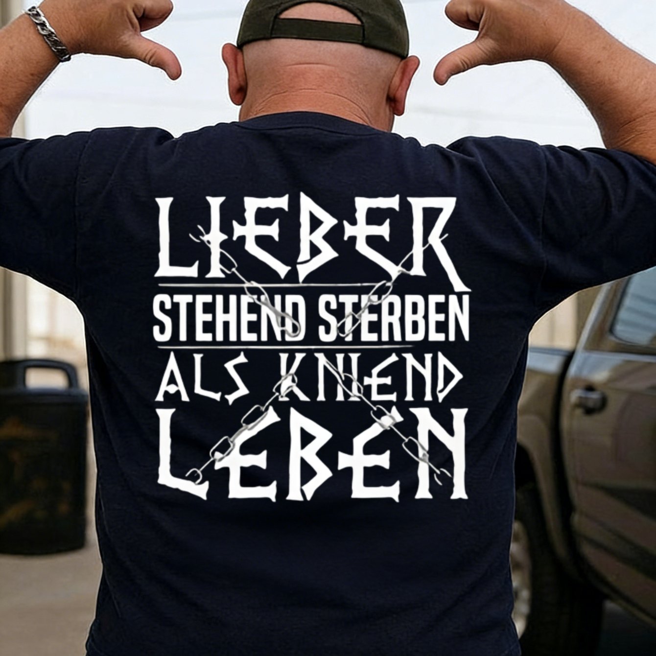 Image of Men's T-shirt Black German Text Lieber Stehend Sterben Als Kniend Chain Design Casual Wear Outdoor Activities, Plus Size