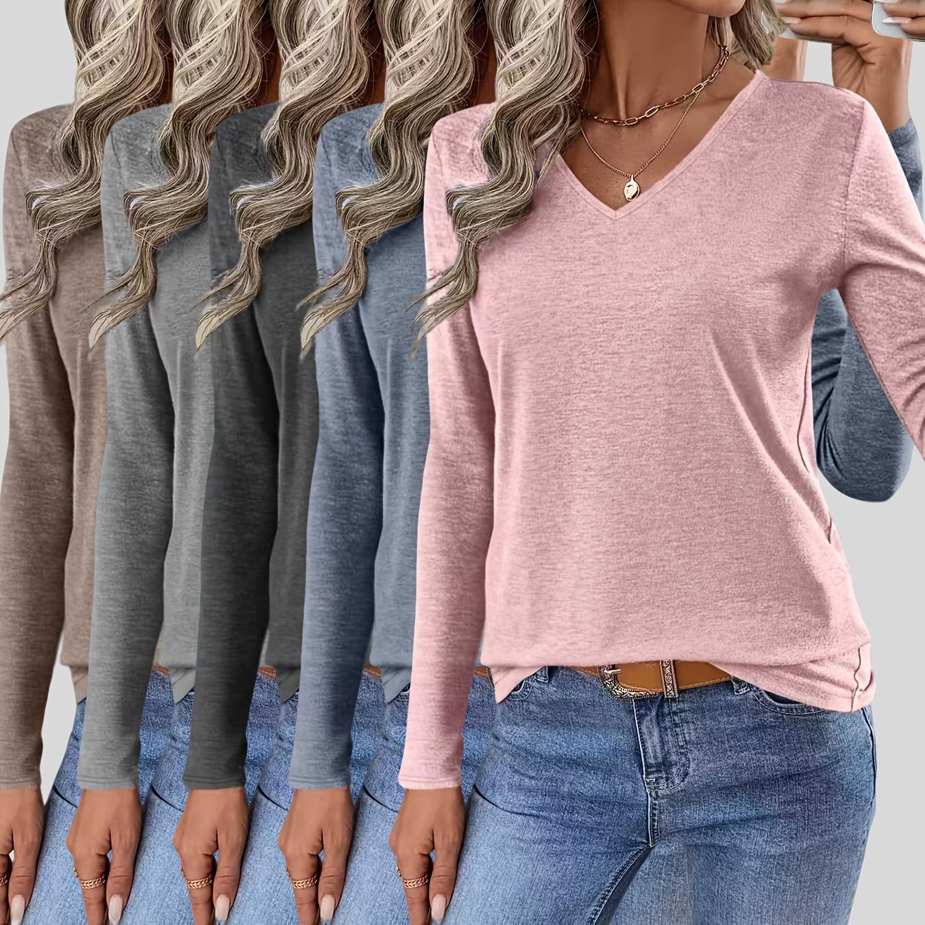 TEMU 5pcs Women's Fashionable And Simple /autumn Solid Color V-neck Long Sleeve T-shirts, Loose Fit Casual Base Tees, Comfortable And Relaxed -
