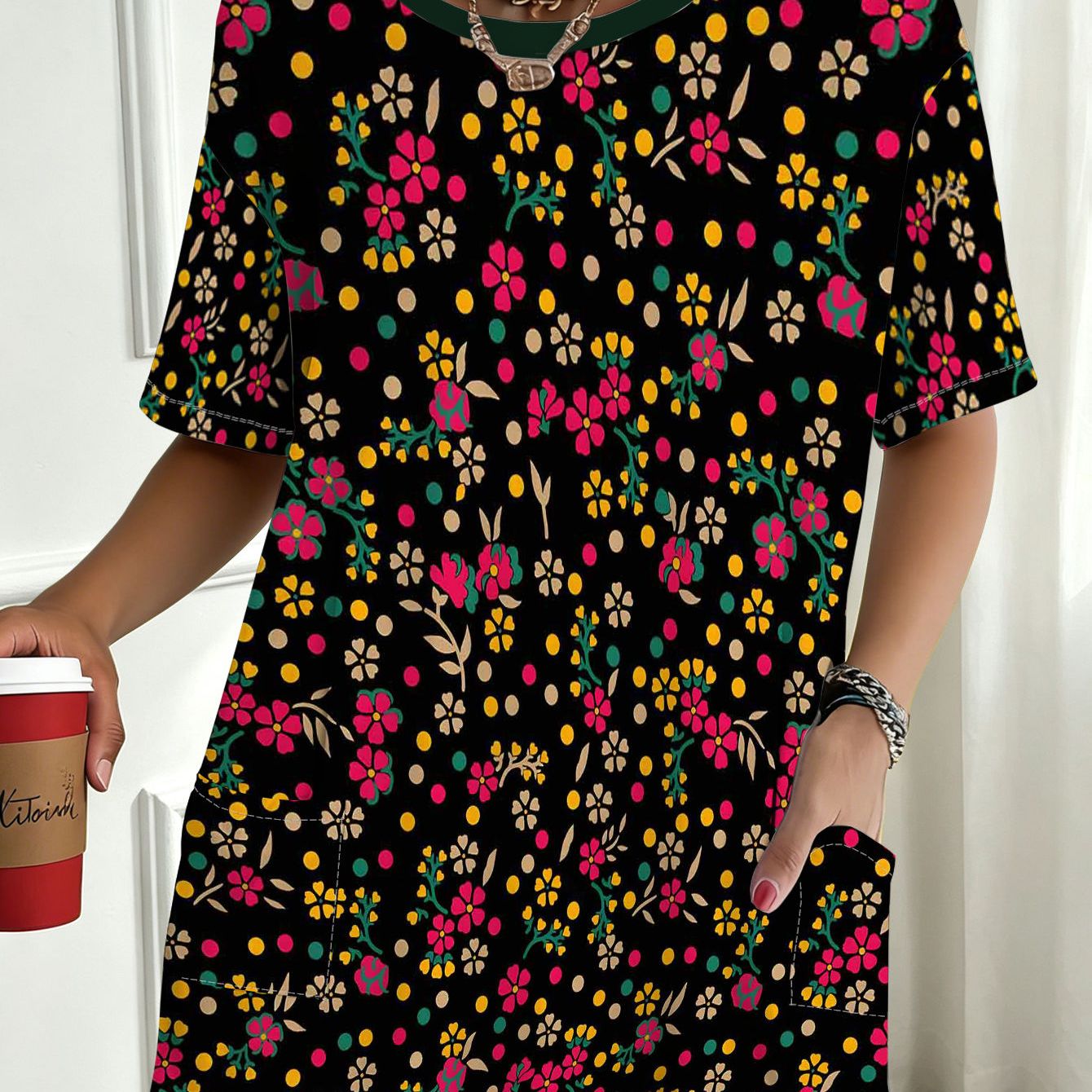 TEMU 1pc Summer Loose Fit Short-sleeve T-shirt With Floral Pattern, Ideal For Daily Commuting, Beach Vacation, Casual Gatherings, And Outdoor Sports,