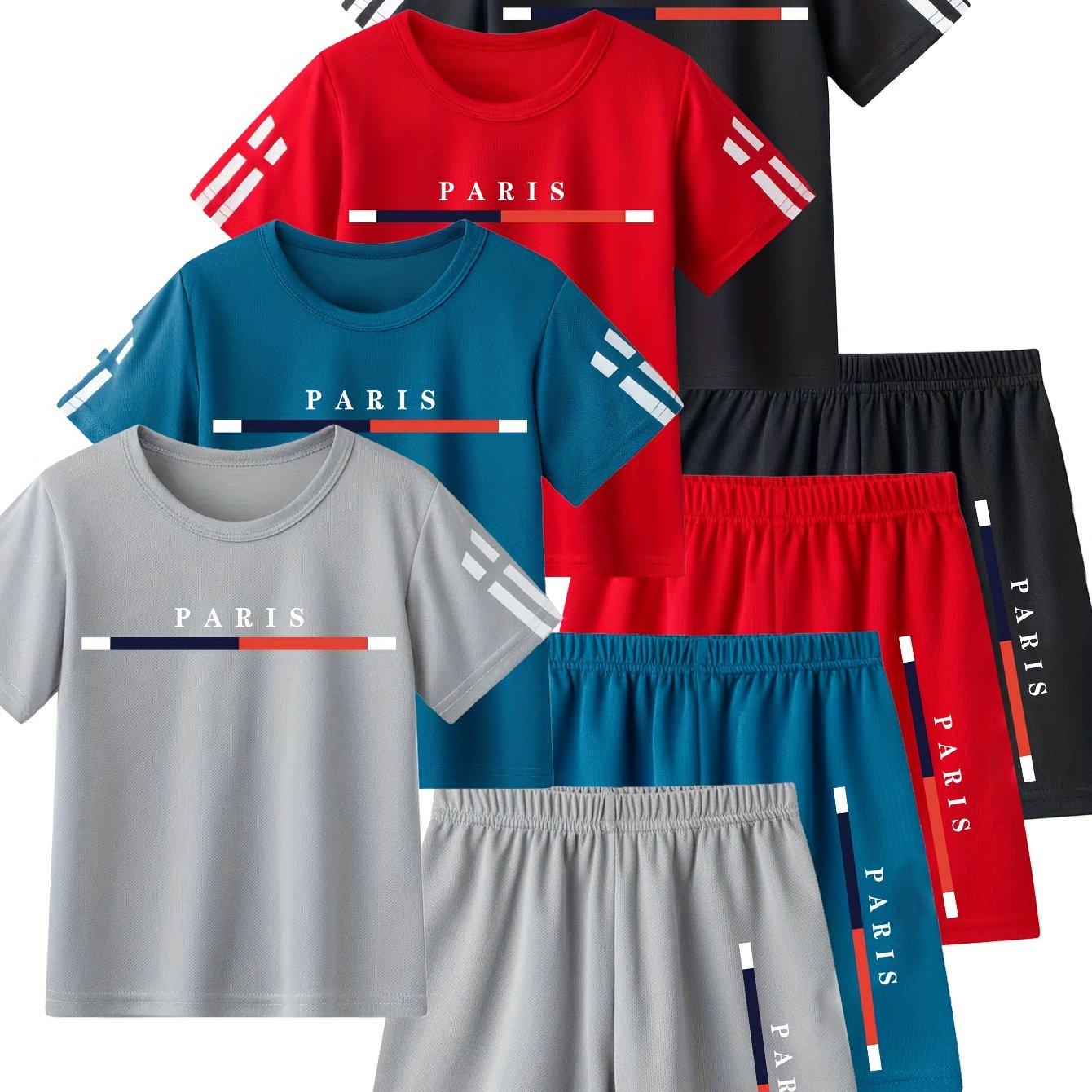 Image of 4 Sets Shorts And T-shirt Set Summer Boys Fashion Shorts Short-sleeve Set Paris Letter Print Cute Short-sleeve T-shirt And Shorts Casual Set Ny-tz6058, For Outdoor