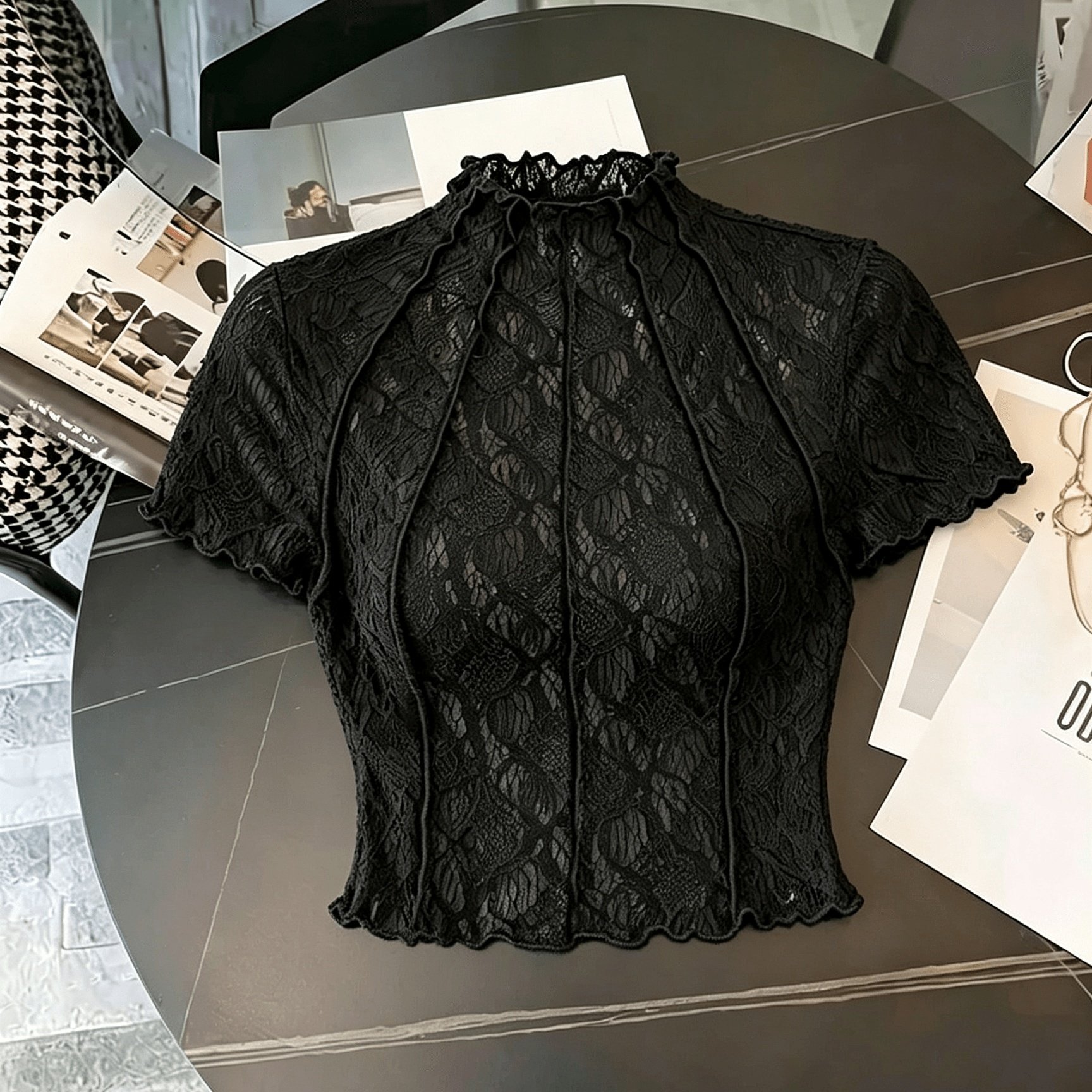 TEMU Lace Floral Jacquard Tulle Women's T-shirt, And Romantic, Suitable For Dates, Parties, Spring And Summer Wear, Spring Break, Vacation, Picnics,