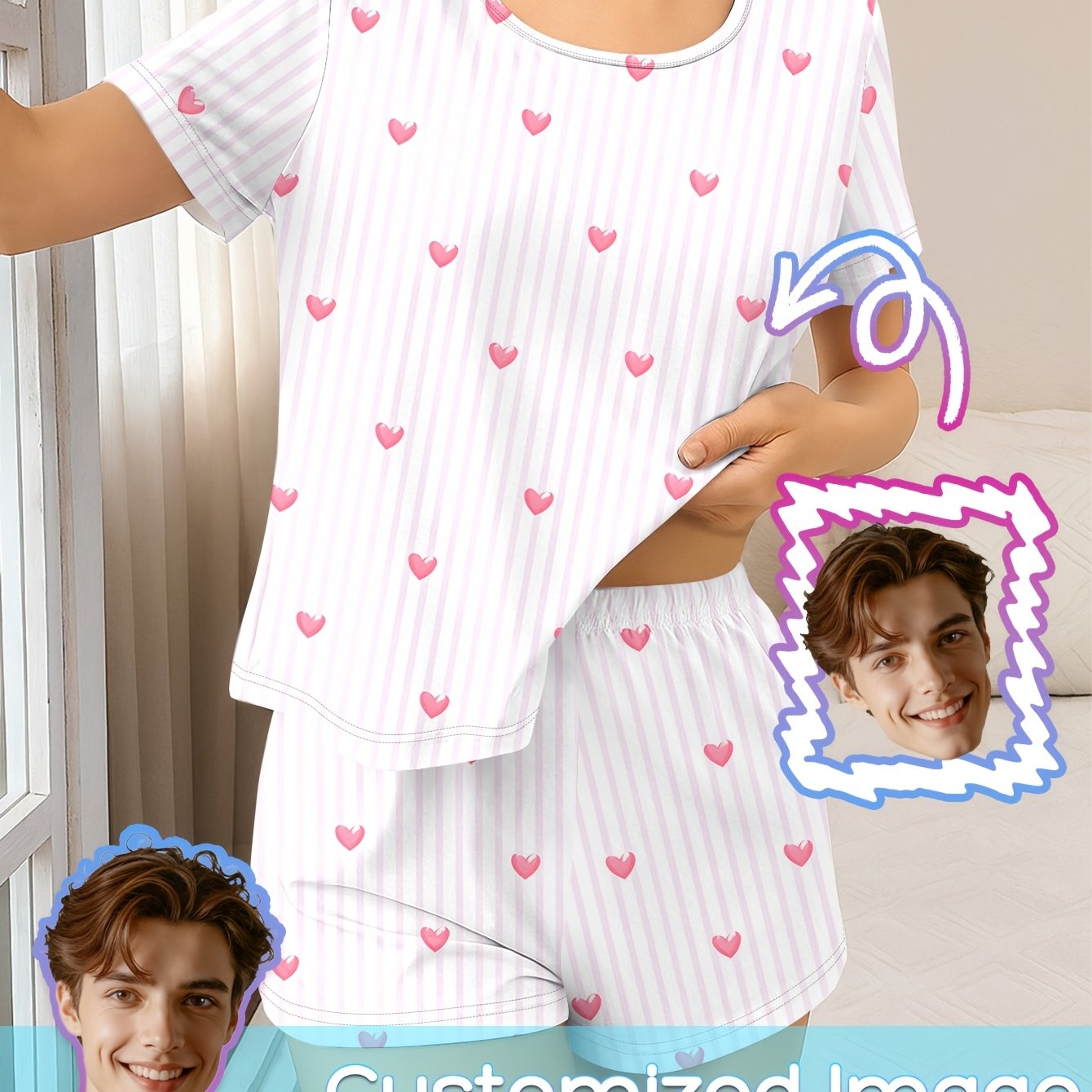 TEMU Custom Face Women's Set (short Sleeve And Shorts), Striped Base Dense Portrait, Pink Heart Pattern, Diy Portrait Design, Daily Comfortable