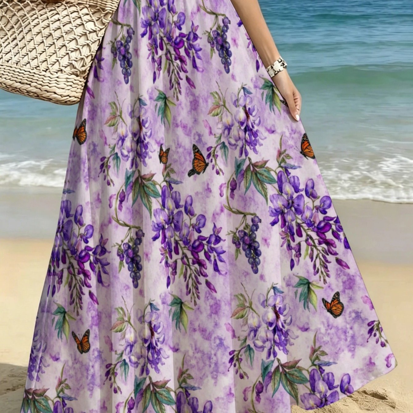 TEMU Lianyaoshi[printed Design Not Textured] Women's Floral Maxi Skirt In Lavender With Butterflies, Lightweight Perfect For Beach, Garden Parties,