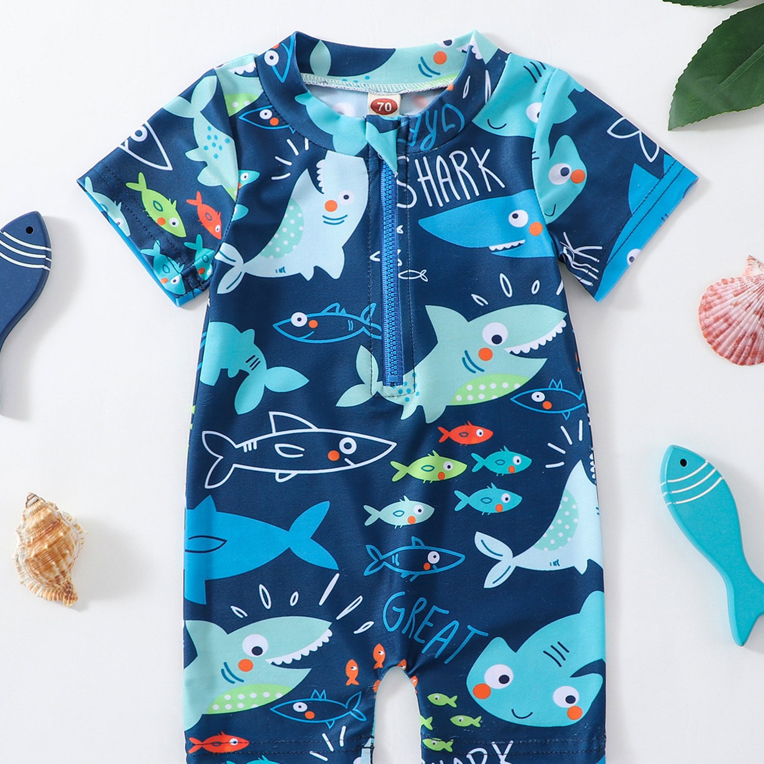 TEMU Boys One-piece Swimsuit Set Toddler Bathing Suit Rash Guard Swimwear Summer Casual Shark Printed Short Sleeve Zipper Jumpsuit Swimwear Beachwear