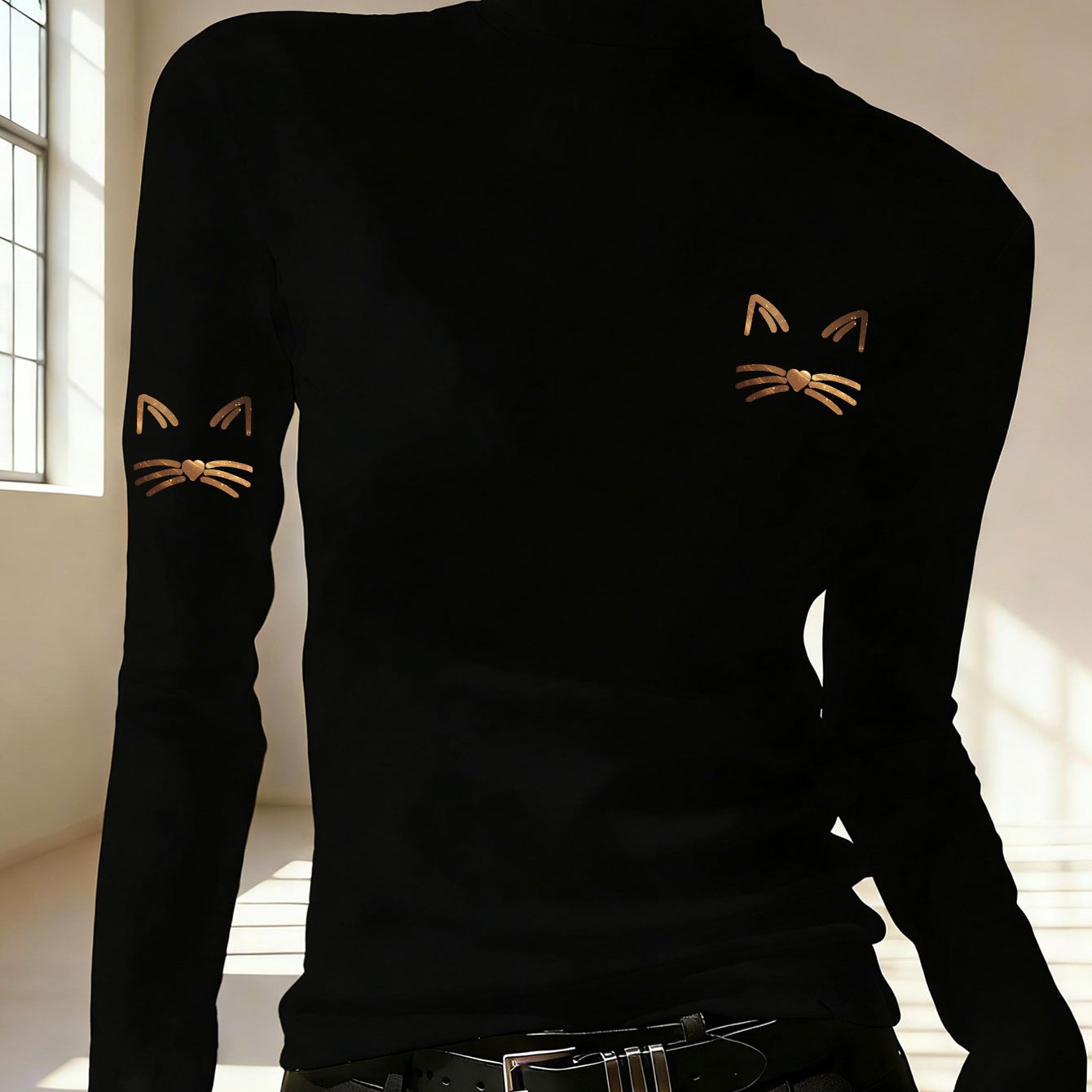 TEMU Women's Easy And Trendy Warm Long-sleeved Half-high Collar Top Base Shirt, Popular Trendy Gradient Kitten Drawing Pattern, Autumn And Winter New