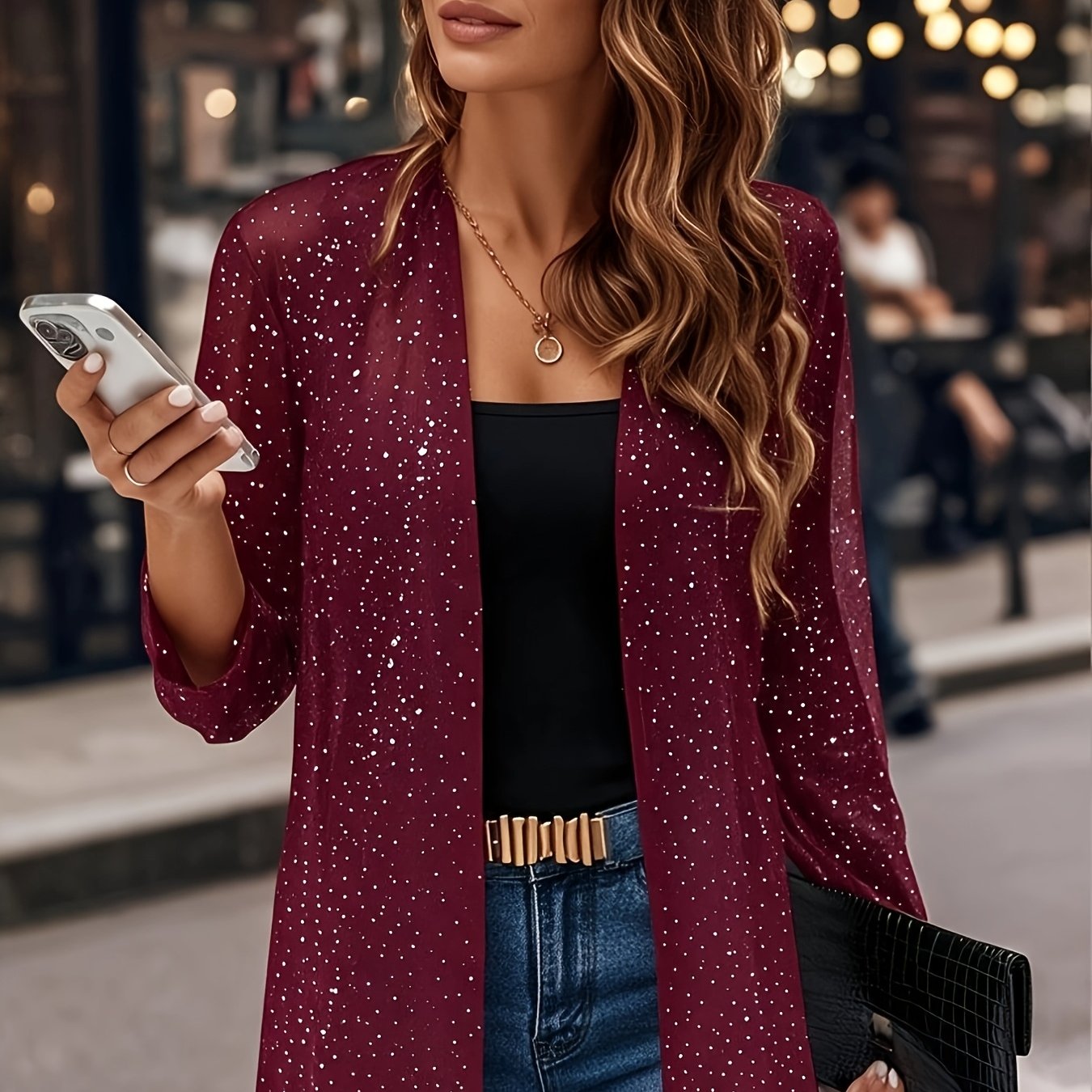 TEMU Women's Elegant Semi-sheer Long Glitter Mesh Midi Cardigan
