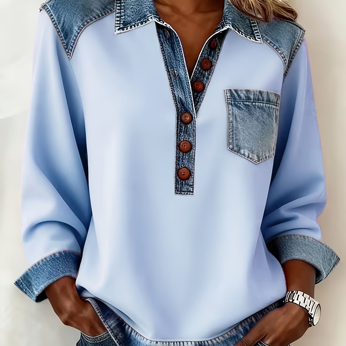 E-shop [Bedruckte Muster - Kein Denim-Stoff] Kragen Langarm-Pullover Rosa Uni-Farbe mit Knopfleiste Casual Wear für Damen, Geeignet für Tägliche