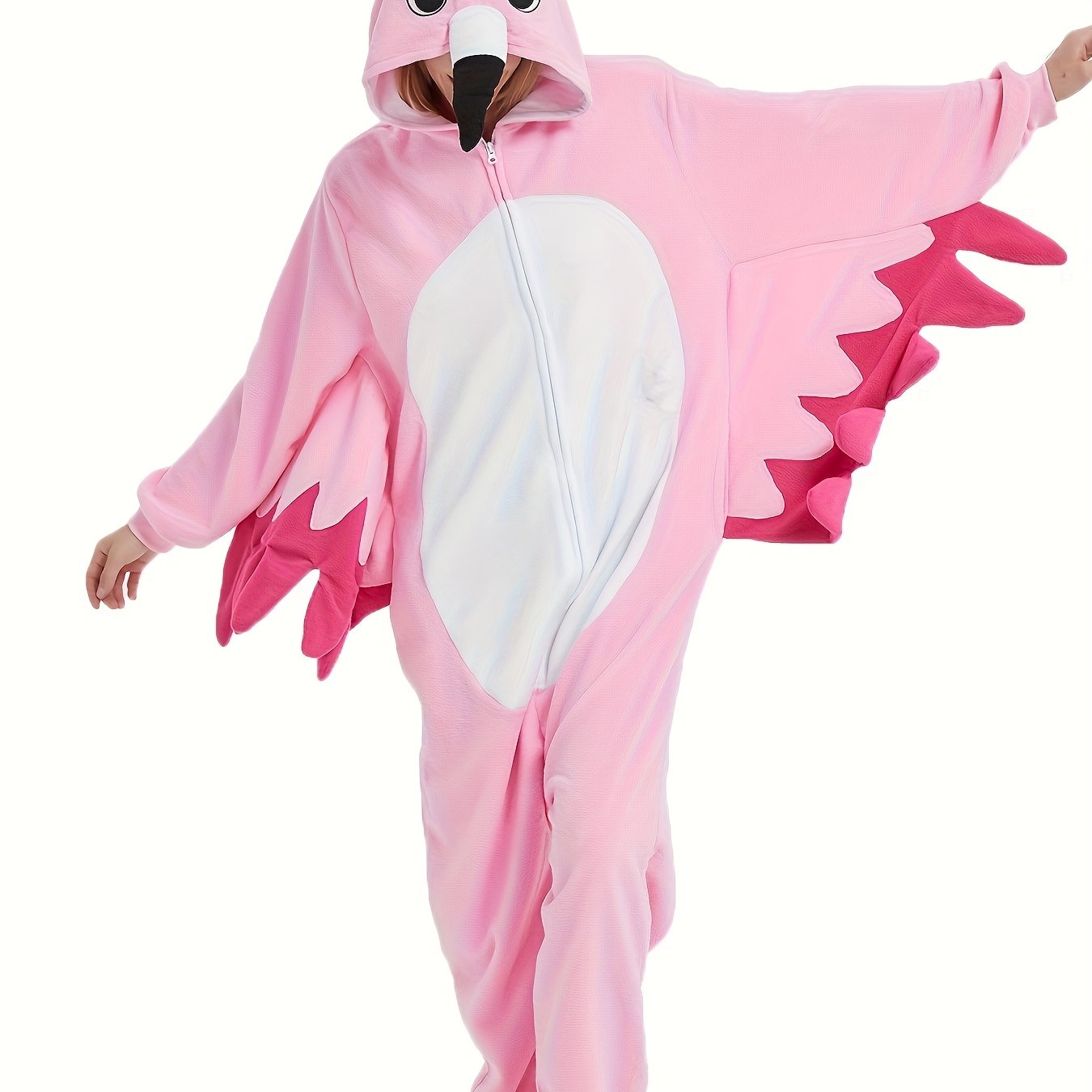 Image of Adult Autumn And Winter Plush Animal Flamingo Jumpsuit Women's Masquerade Costume Thickened Cartoon Hooded One-piece Jumpsuit Character Costume Gift