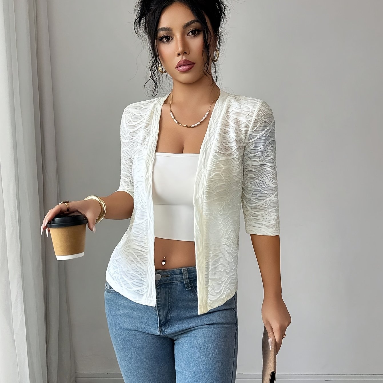 TEMU Women' Color Mid Sleeve Casual Versatile Jacquard Open Front Cardigan