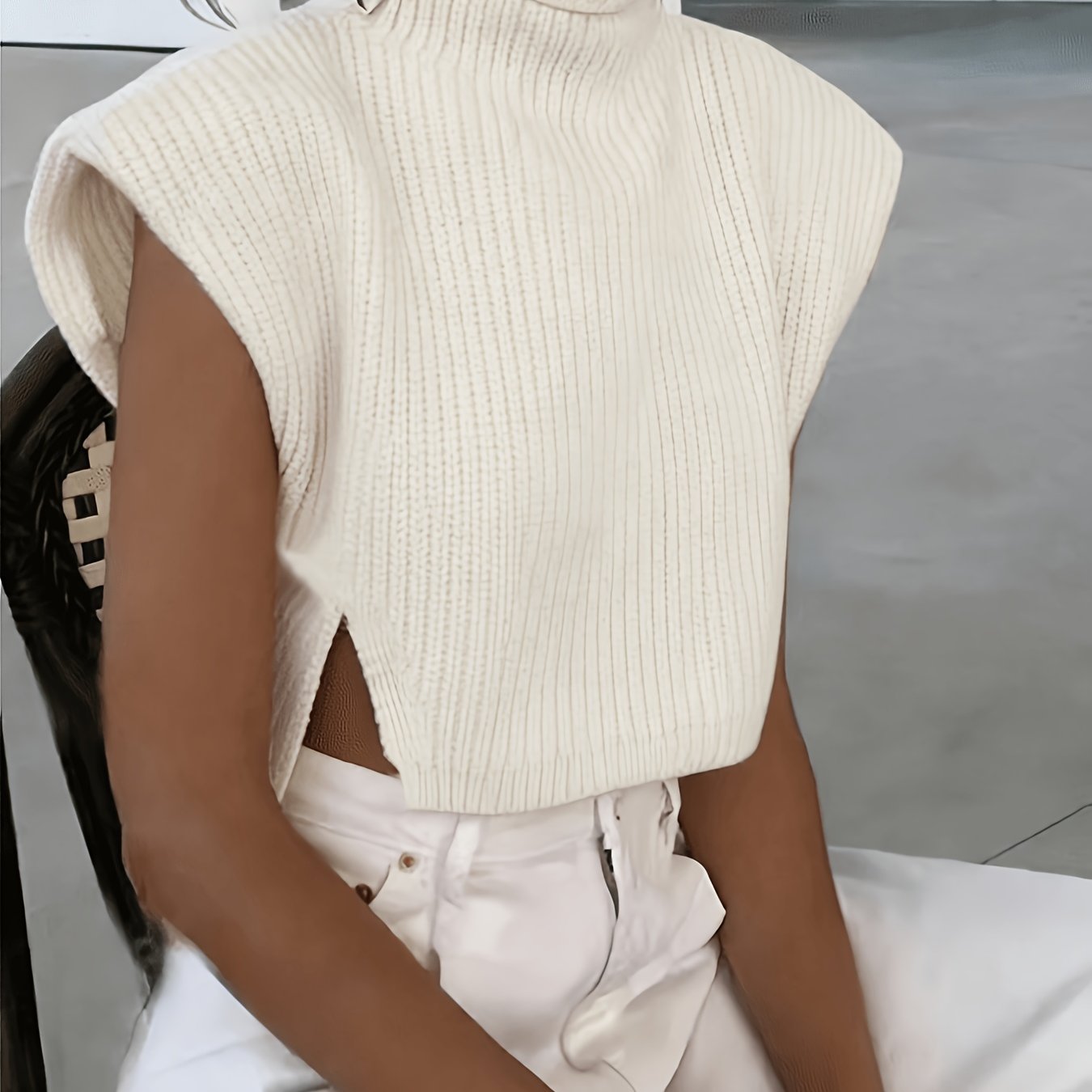 TEMU Asd1:women's High Neck Crop Top, Casual Sleeveless Shoulder Pad Sweater Vest, Side Slit Ribbed Blouse For Summer, Y2k Streetwear Cropped Top For