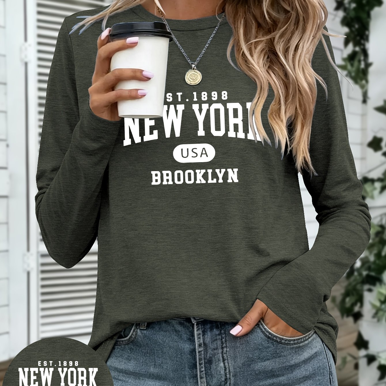 TEMU Women's Brooklyn Lettering T-shirt - Cozy Fall Winter Casual Round Neck Long Sleeve -compatible Suitable For Casual Attire, Machine Washable