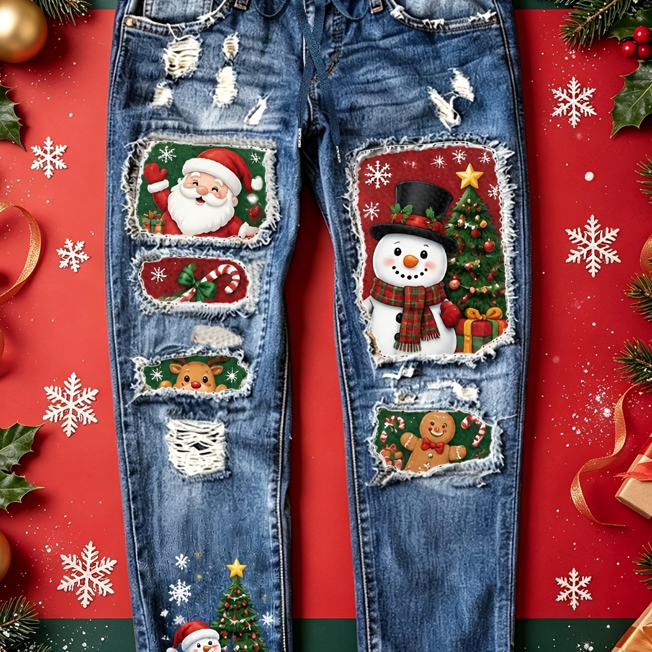 Image of Plus Size Women's Blue Mid-rise Christmas Snowman Print Patch Distressed Drawstring Straight Leg Jeans - Vintage Washed Holiday Denim Pants For