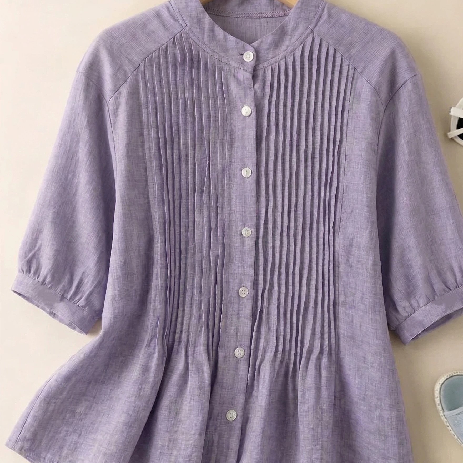 TEMU Women's Style Blouse, Temperament Collar Pleated Mid-sleeve Shirt, Fashionable Summer Top, Breathable Skin-friendly Loose Elegant Shirt, Easy