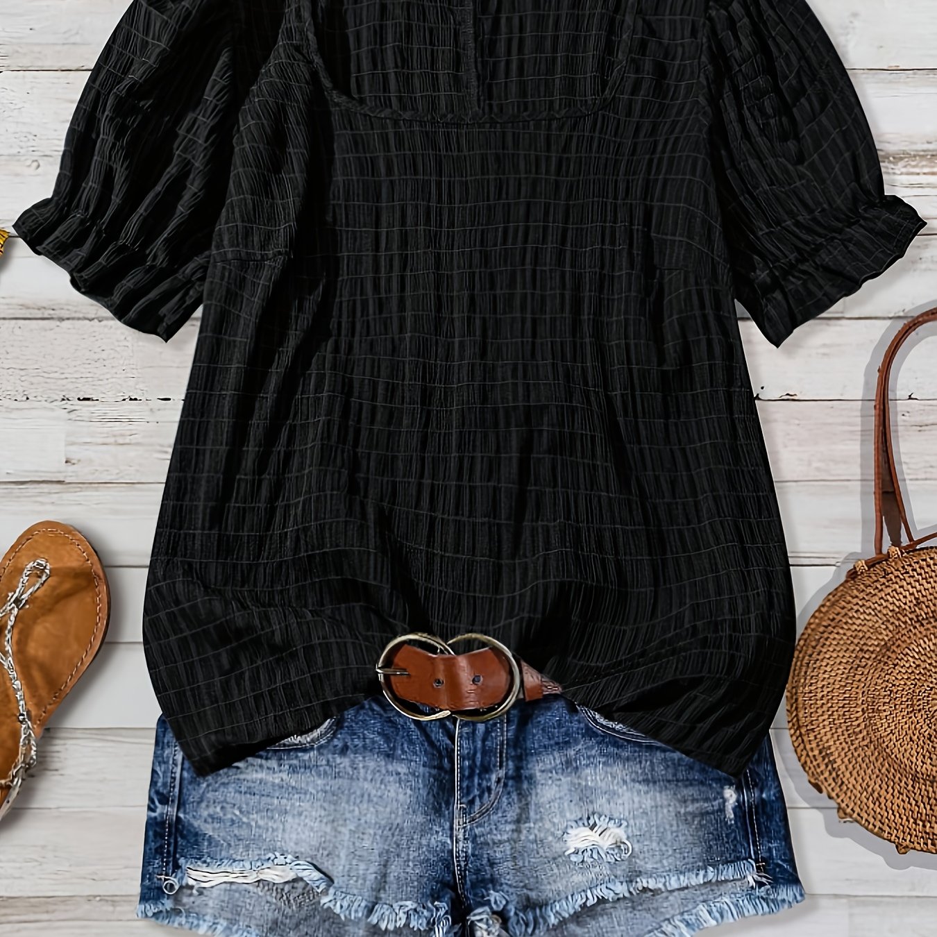 TEMU Plus Size - Plus Size - Summer New Plus Size Women's Top Loose Casual Checkered Texture Puff Sleeve Square Neck Women's Blouse
