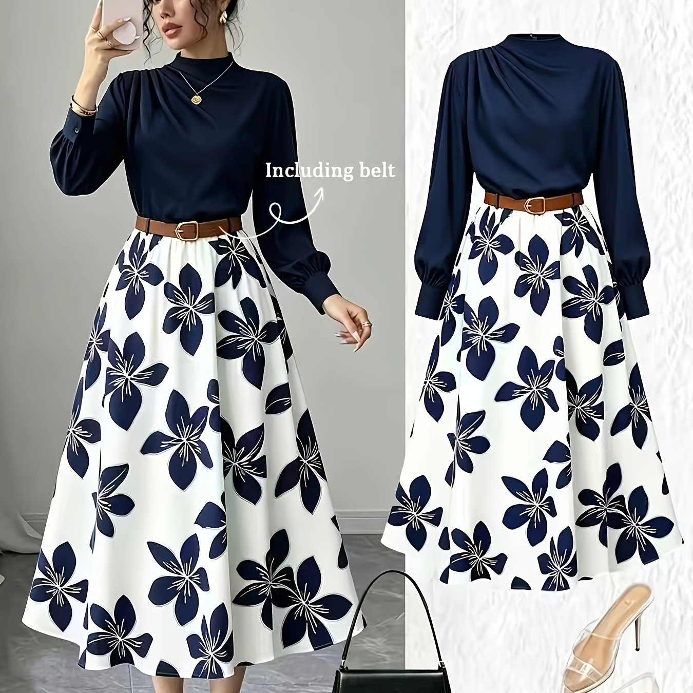 TEMU Navy Blue Half-high Neck Long-sleeve Blue And White Printed Flared Dress With Belt, High-waisted Mid-length Skirt To Cover The Hips, Vintage