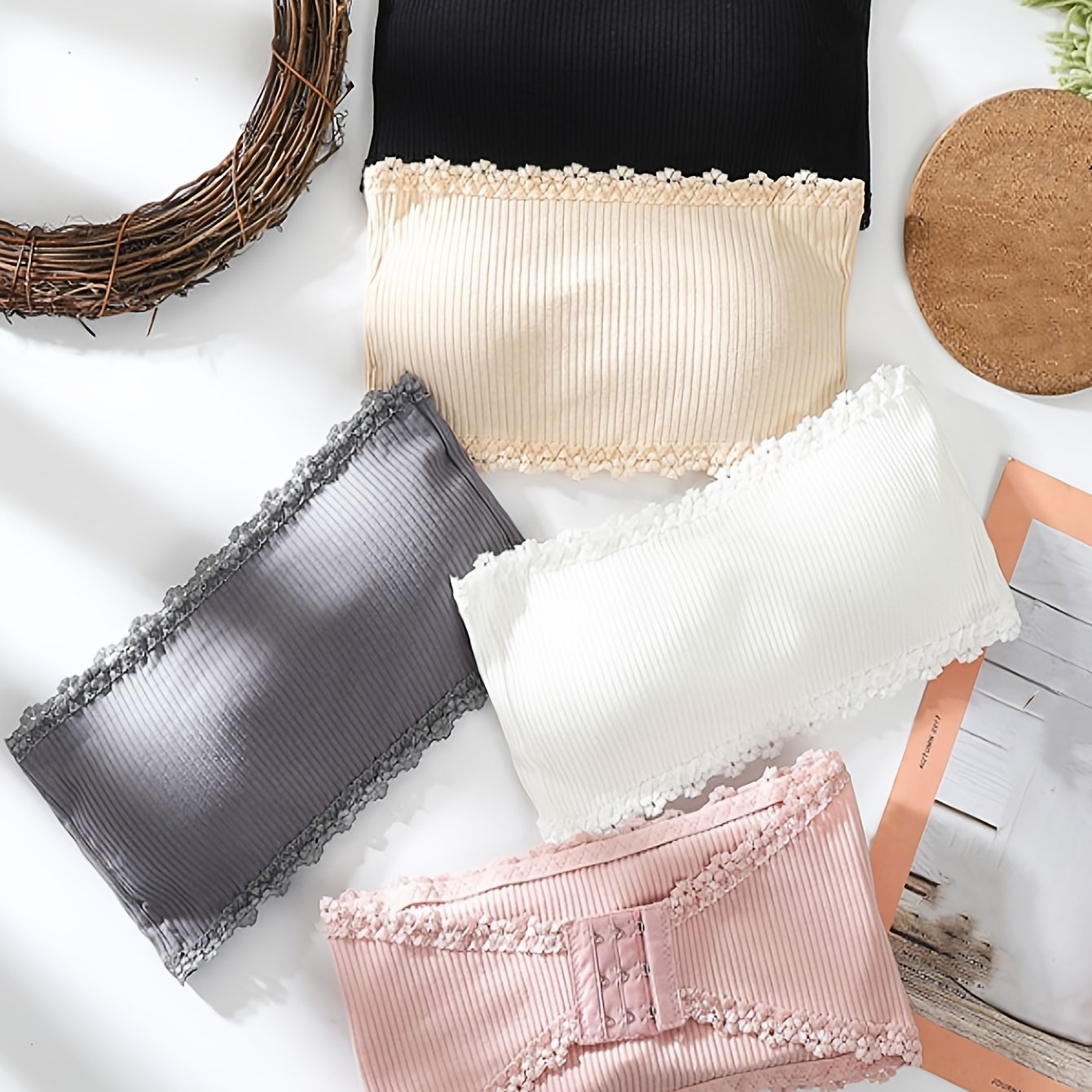 TEMU Set Of 5 Spring And Summer Strapless Ribbed Bandeau Bras With Removable Padding, Featuring A Without Underwire To Prevent Wardrobe Malfunctions