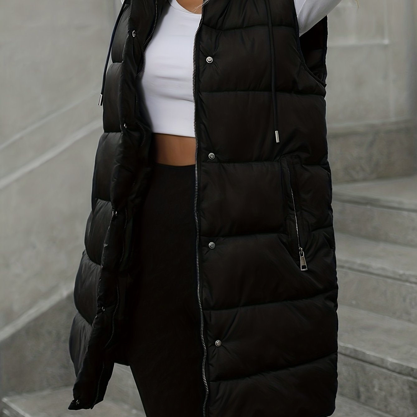 E-shop Schwarze lange Kapuzen-Weste für Damen, mit Kordelzug an der Taille + mehrere , kombinierbar mit Crop-Tops Leggings, warme vielseitige Mode für