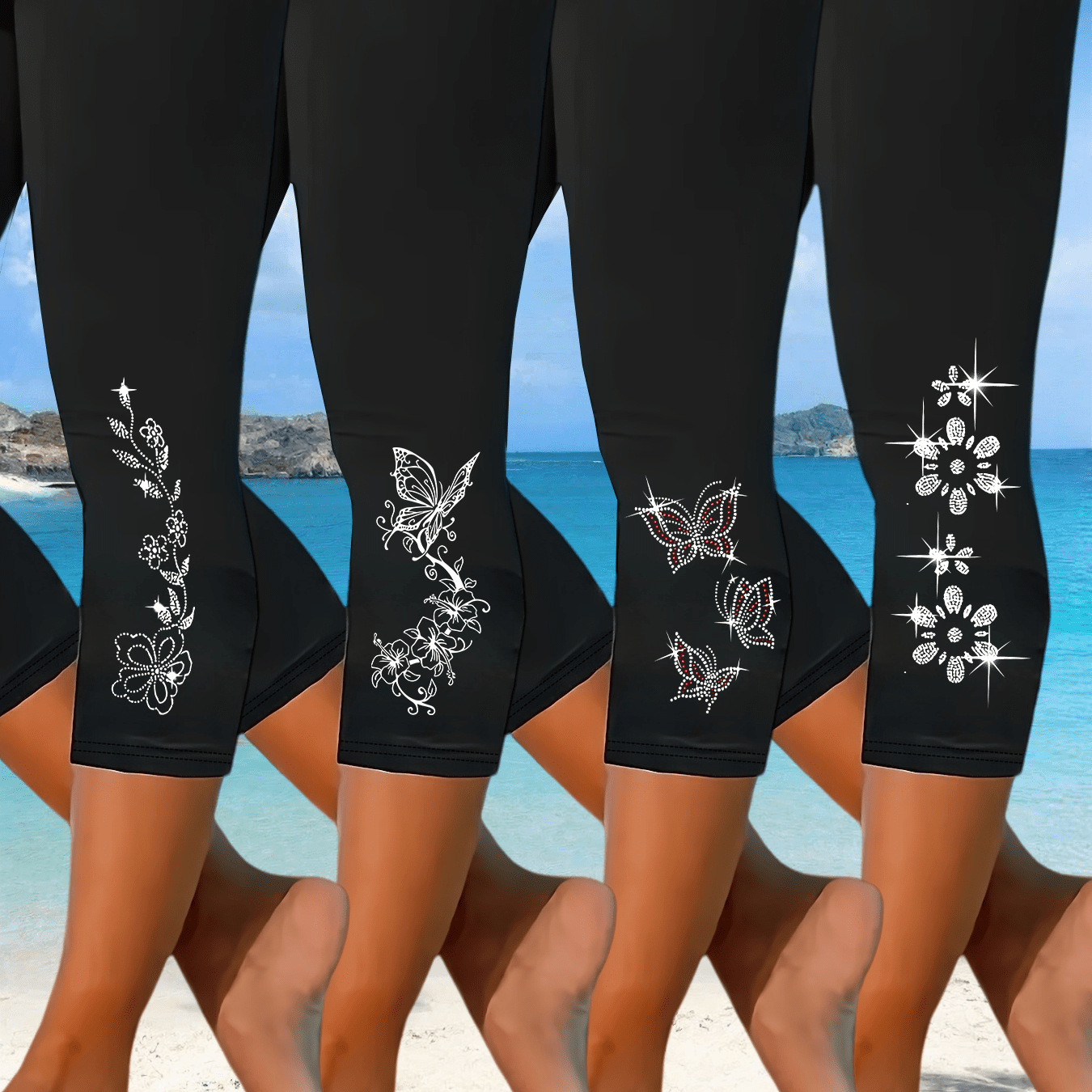 TEMU Plus Size - Extended 4pcs Set Printed Pattern Casual Trousers, Plus Size Women's Tight Pants 3/4 Length