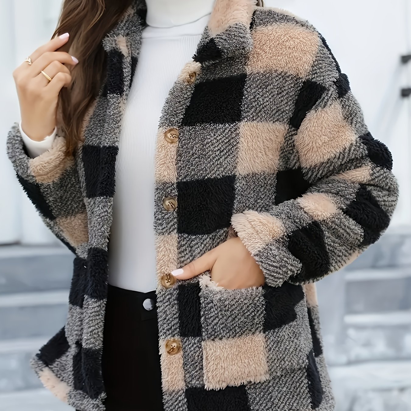 TEMU 여성용 포근한 플리스 재킷 - 부드러운 체크무늬 코트, 버튼 앞면 클로저, 긴소매 가을 & 겨울용 겨울 아우터, & 브라운 타르탄 패턴