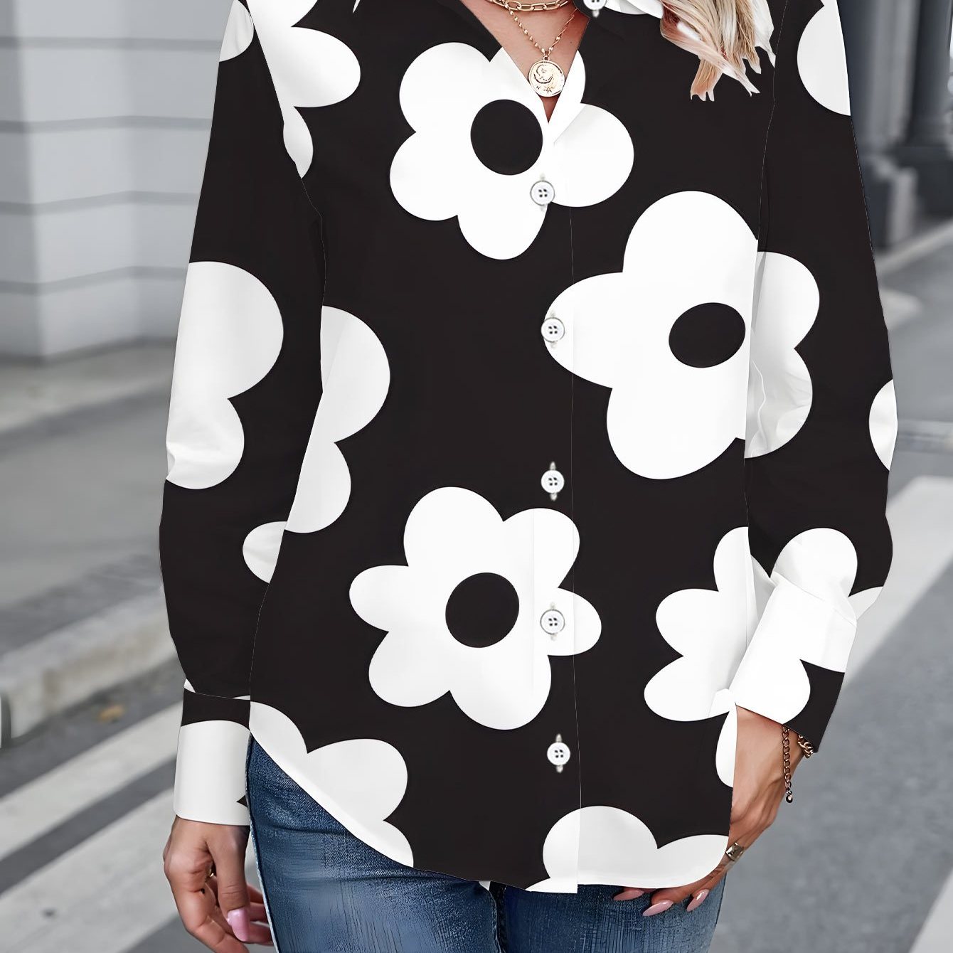 TEMU Plus Size, Plus Size Women's Long Sleeve Shirt, Simple Floral Print Blouse, Black And Pattern Midi-length Shirt For Women, Soft And Comfortable