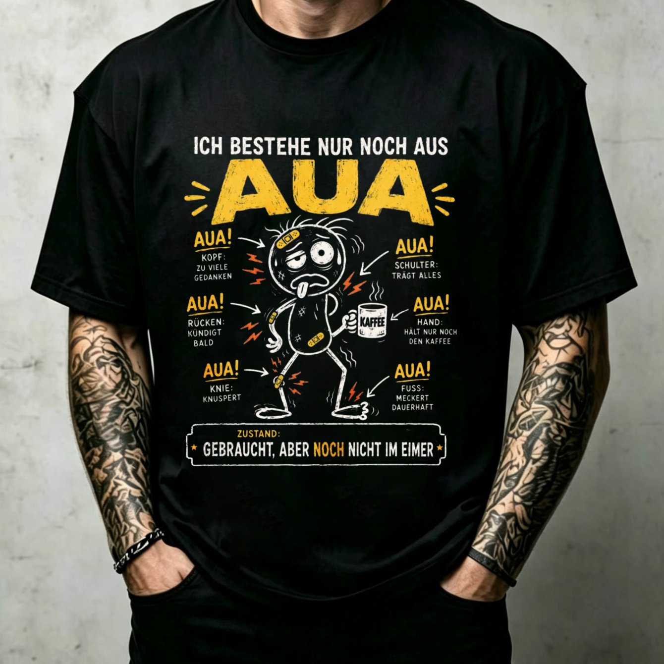 Image of German Aua Pain Humor With Bandaged Coffee Cup Arrows To Sore Body Parts And Used Joke Unisex All T-shirt