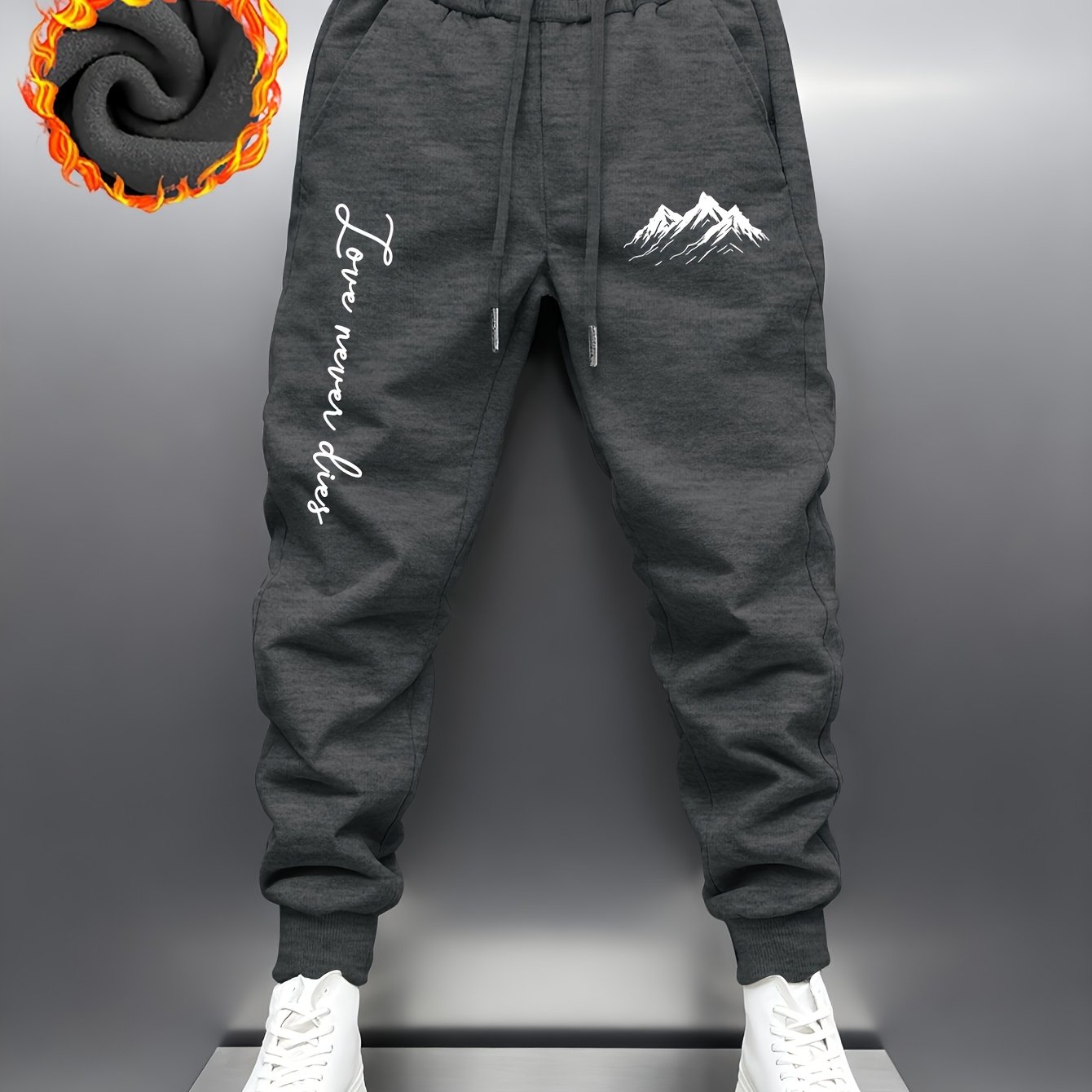 TEMU Men's Fashion Thick Trousers From A Streetwear Brand, A Gift For Men. "" Mountain Pattern Trousers, Simple Text Print Design, -lined For , Black