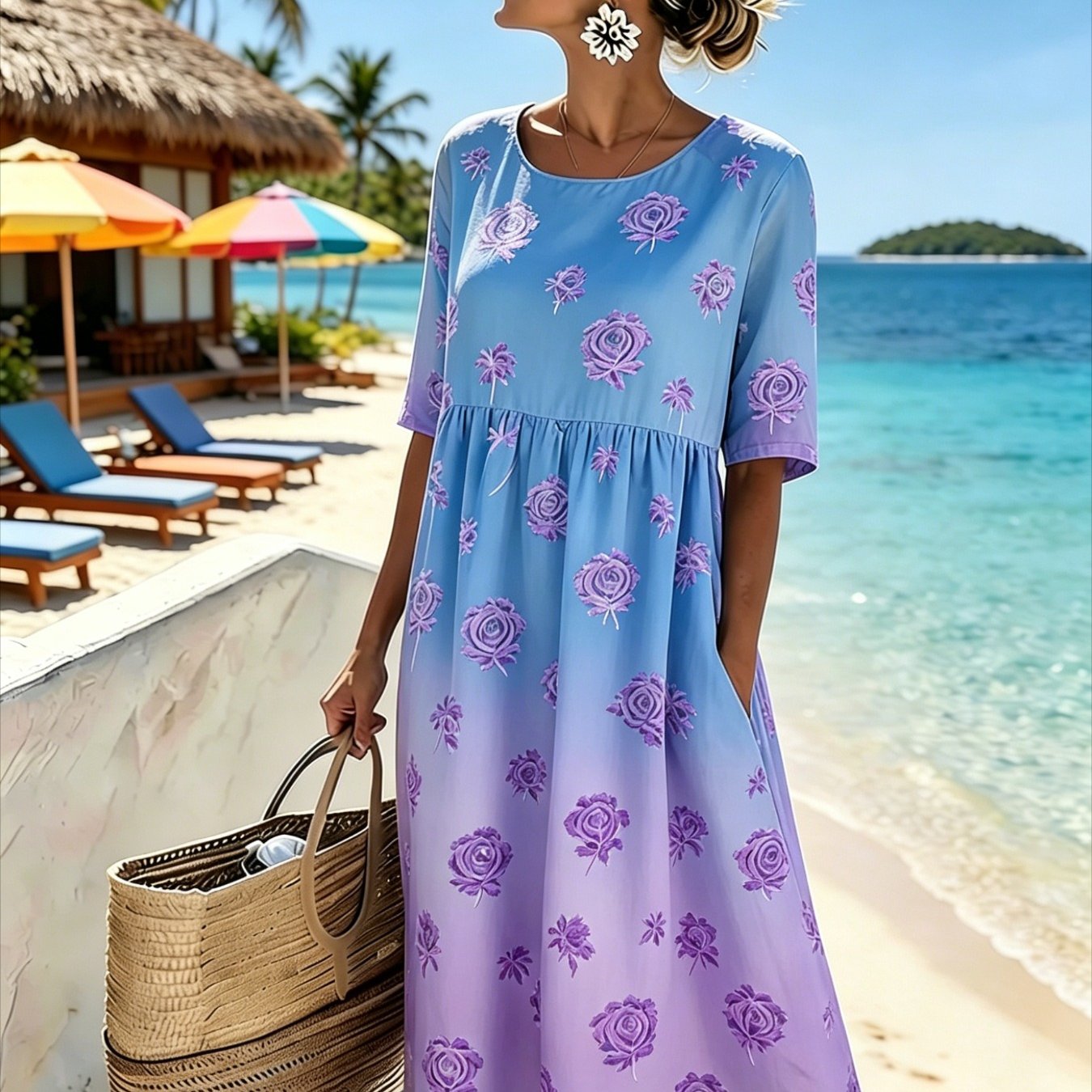 Women's Elegant Midi Dress - Casual 3/4-sleeve, Crew Neck, Loose-. Machine Washable. A Comfortable Beach & Vacation Dress, Perfect For Travel, Getaways, And Everyday .
