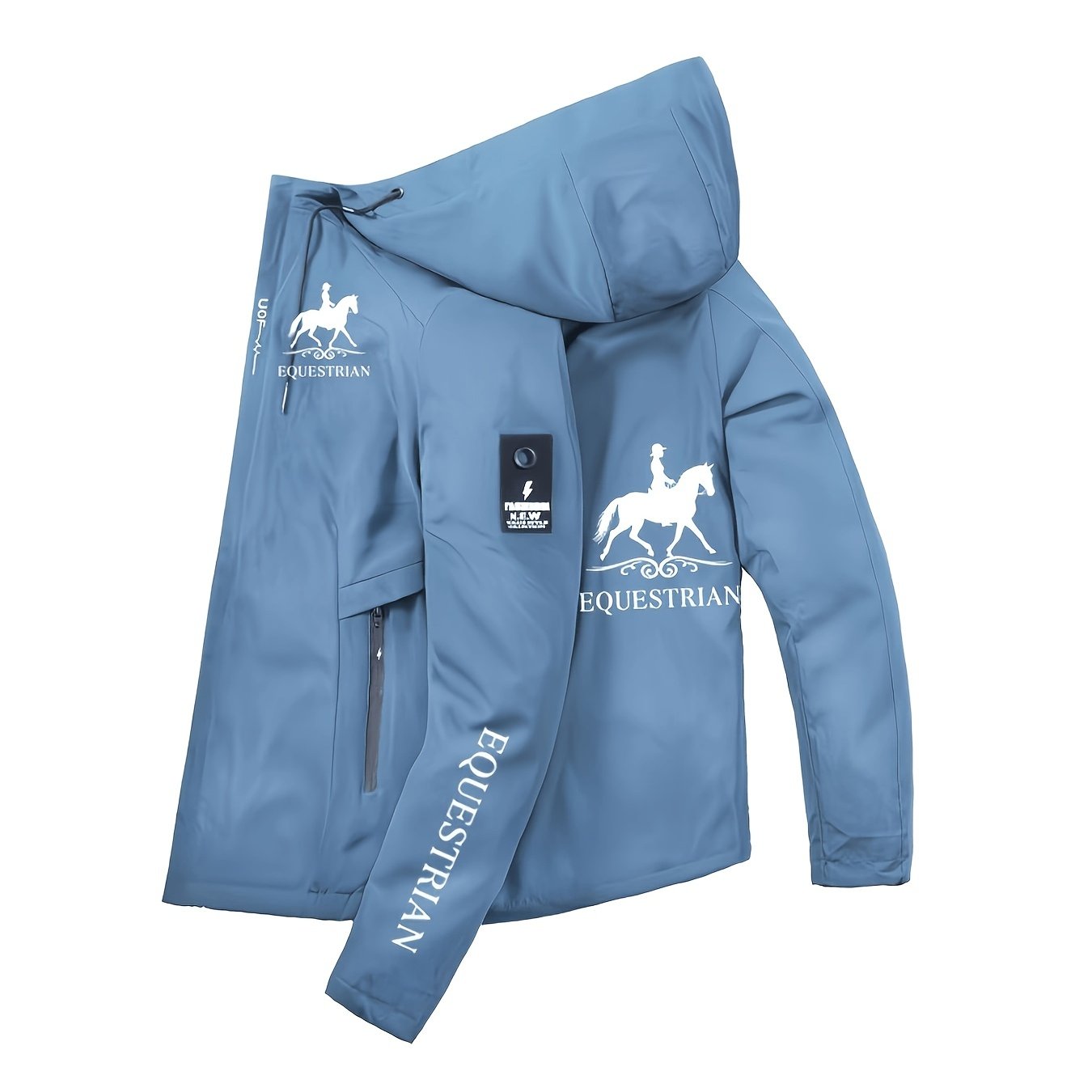 TEMU Unisex Windproof Hooded Jacket With Riding Print- Suitable For Outdoor Hiking And Casual Wear, Long Sleeves With Pockets, Black, Hiking Gear,