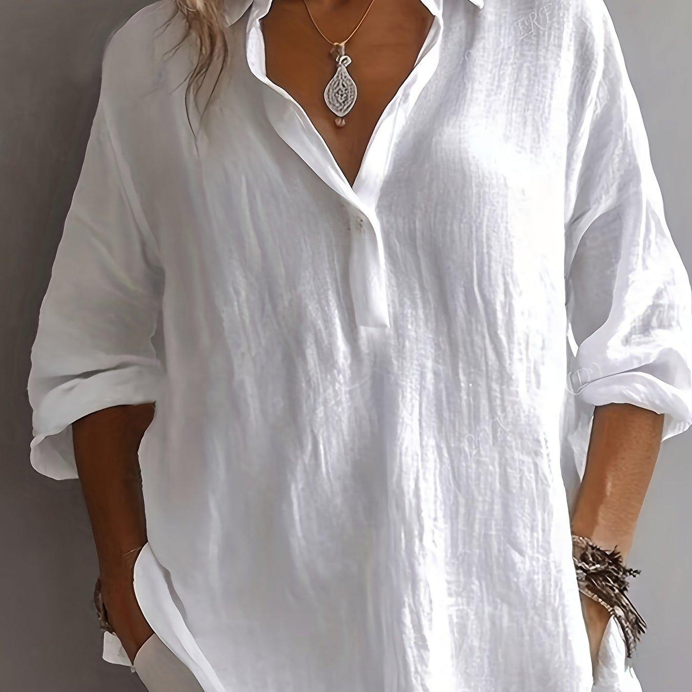 E-shop Plus Size - Plus Size - Neue, exquisite, elegante, halboffene Bluse mit langen Ärmeln, vielseitiges Damen-Shirt in großen Größen