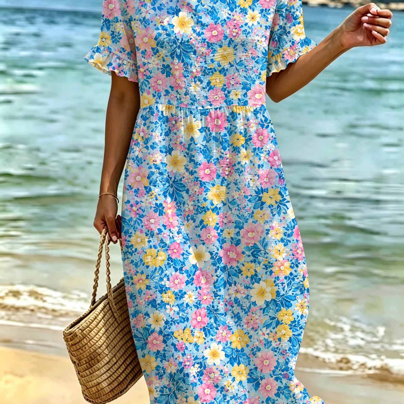 Image of Plus Size Women's European Fashion Ruffle Sleeve Dress, Round Neck Loose Short Sleeve Ditsy Floral Print Midi Dress, Must-have For , Casual For Vacation And Gift