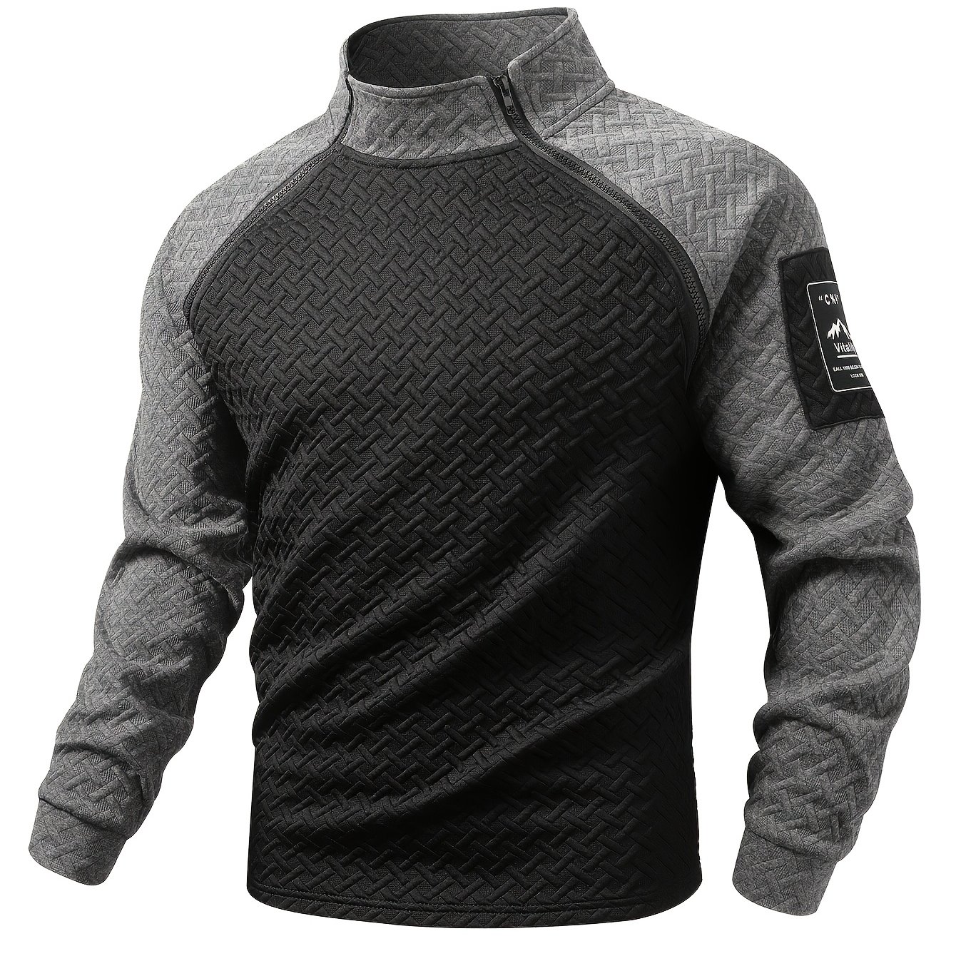 E-shop Herren Langarm-Shirt Casual mit Kontrastfarben strukturiertem Stoff, kleiner Stehkragen, einzigartiges Doppelreißverschluss-Design,