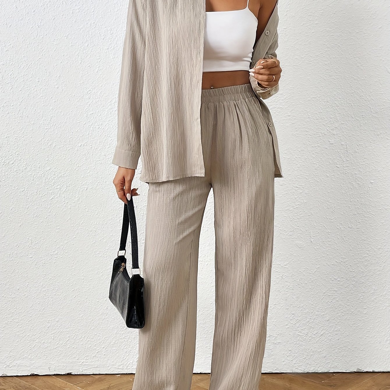 Women's Spring/autumn Casual Solid Color Collared Long Sleeve Shirt And Elastic Waist Loose Pants Two-piece Set