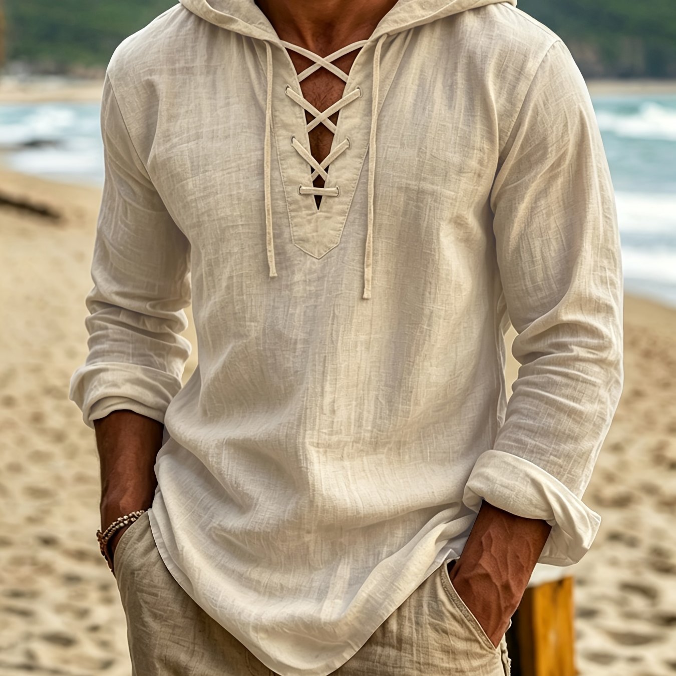 TEMU Men's Spring Summer Autumn New Hooded Linen Cross-tie Thin Loose Solid Color Daily Casual Outing Vacation Party Trendy Athletic Long Sleeve Top