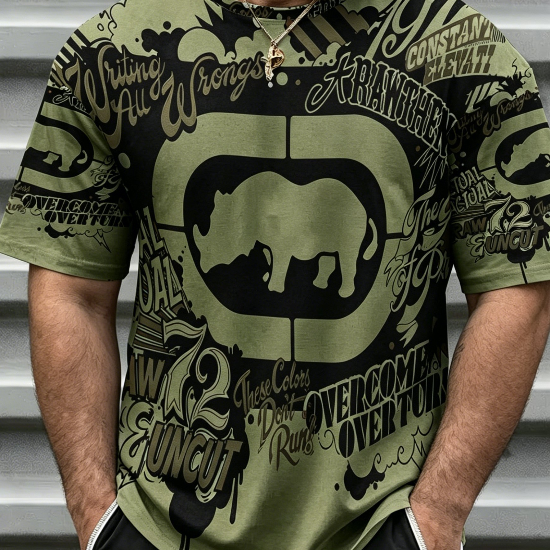 TEMU [printed Design Non-textured] Army Green American T-shirt Street - Size Large Men's Casual Tee - Durable Machine Washable Fabric For Outdoor