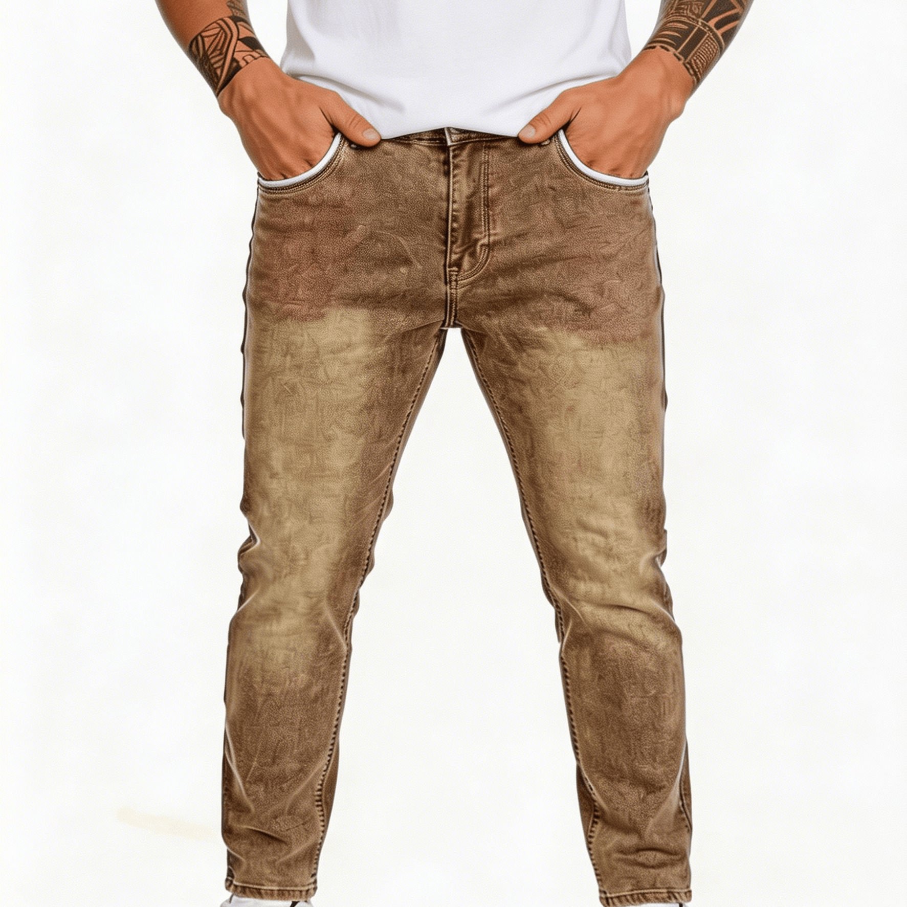 Image of Men's Gradient- Slim-fit Straight-leg Jeans: High-stretch, Distressed Coffee-brown, Sophisticated, Versatile Work Pants. Perfect For Commuting, Social Gatherings, And Everyday