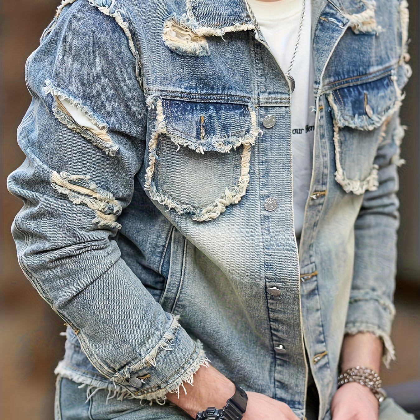 Image of [allsro] Street Ripped Denim Jacket, Vintage Washed And Distressed Edges, Style Collarless Coat, Spring, Autumn, And Winter Trendy Men's Wear, Multiple Rips Design, Tassel Decoration At Of