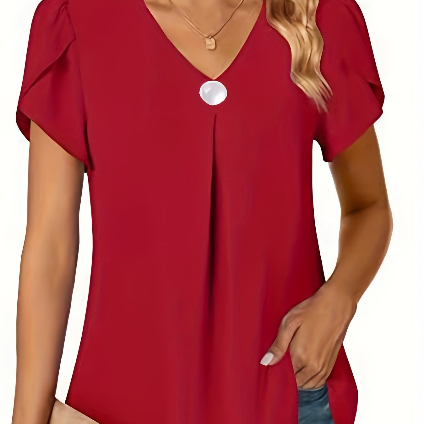 E-shop Damen-Modebluse aus Chiffon für 2024 mit V-Ausschnitt, Rüschen, Kurzarm, geraffter Taille einfachem Knopf