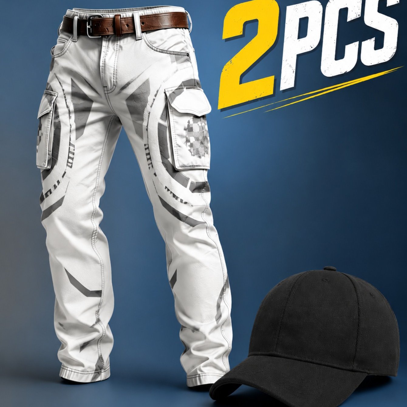Image of 2pcs, 2pcs Summer Men's Fashion Print Long Pants Lightweight Durable Casual Trousers For Daily Wear, Home, Restaurant, Office, White With Gray Graphic Design