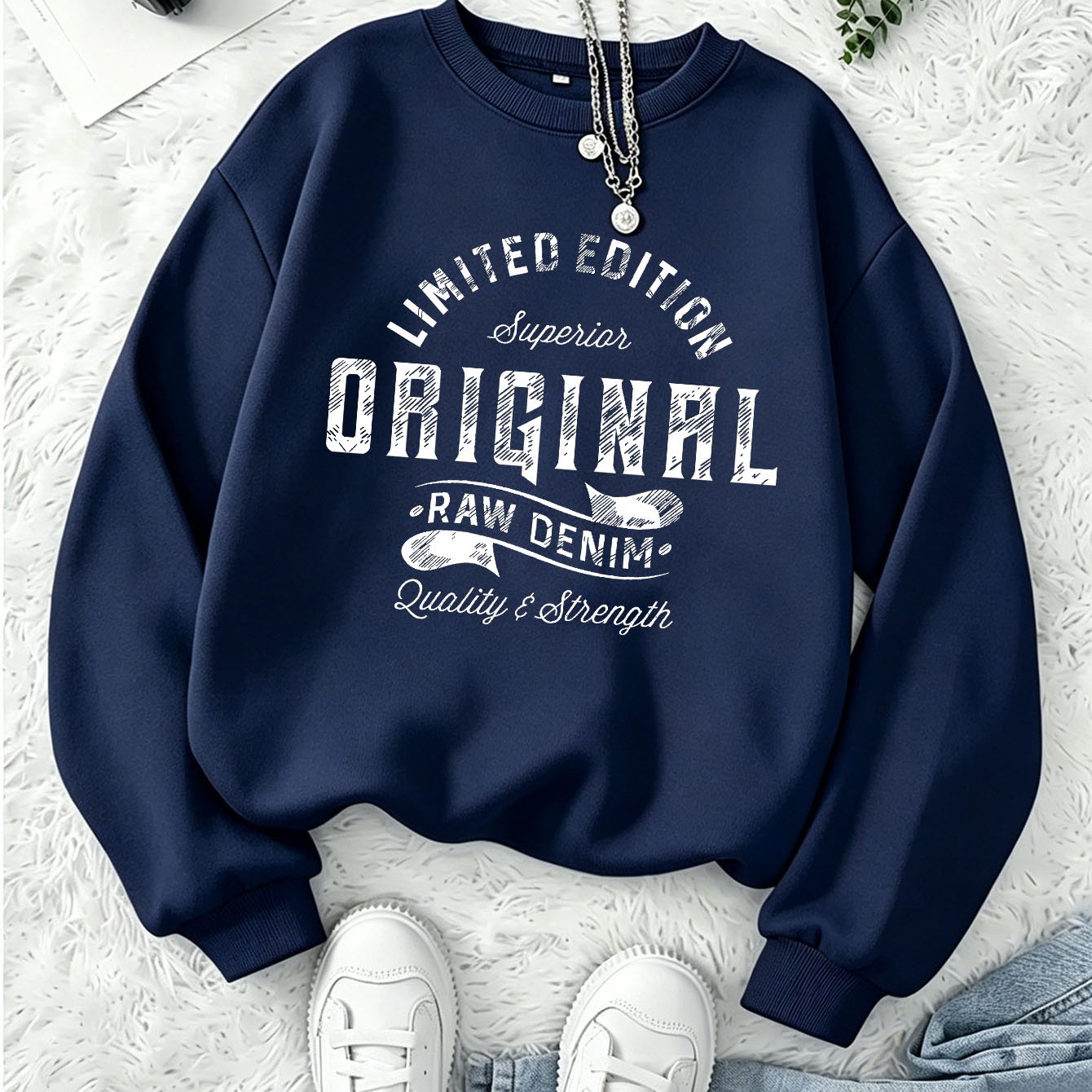 TEMU Women's Vintage Edition Denim Text Graphic Crewneck Sweatshirt, Retro Western Long Sleeve Casual Pullover, Loose