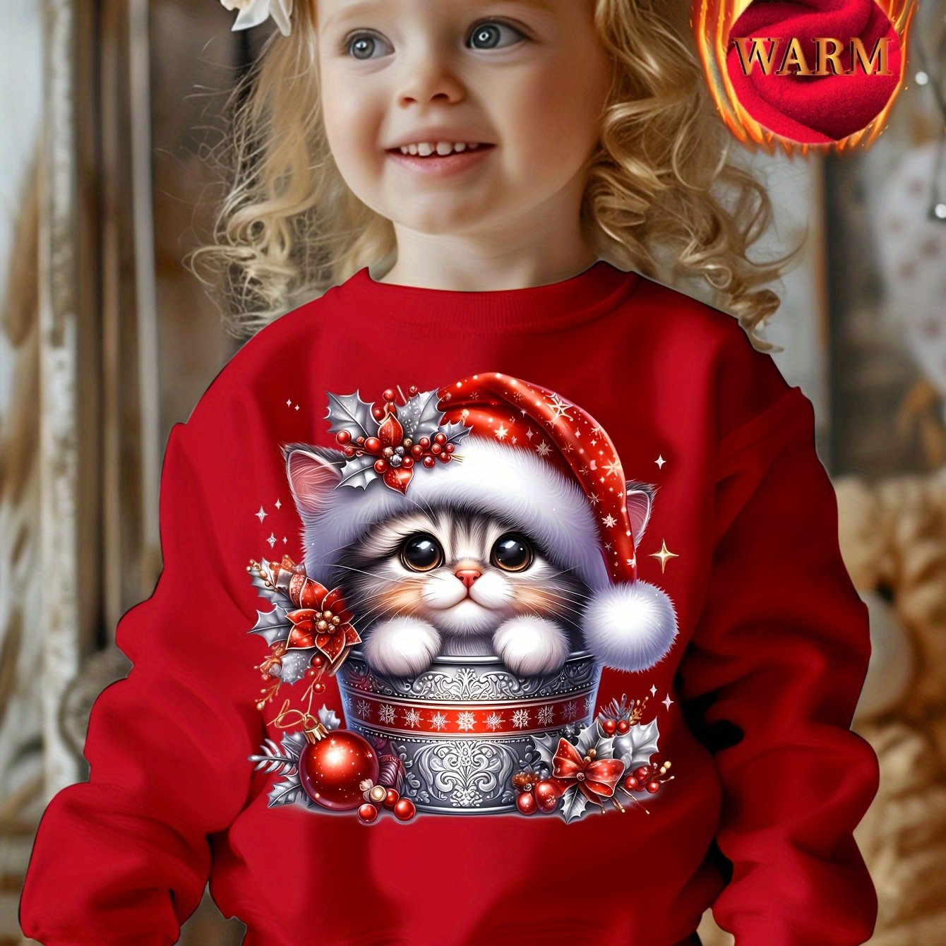 Image of Creative And Adorable Cat Long-sleeve Sweatshirt For Girls, Perfect For Autumn And Winter With A Cozy Fleece Lining