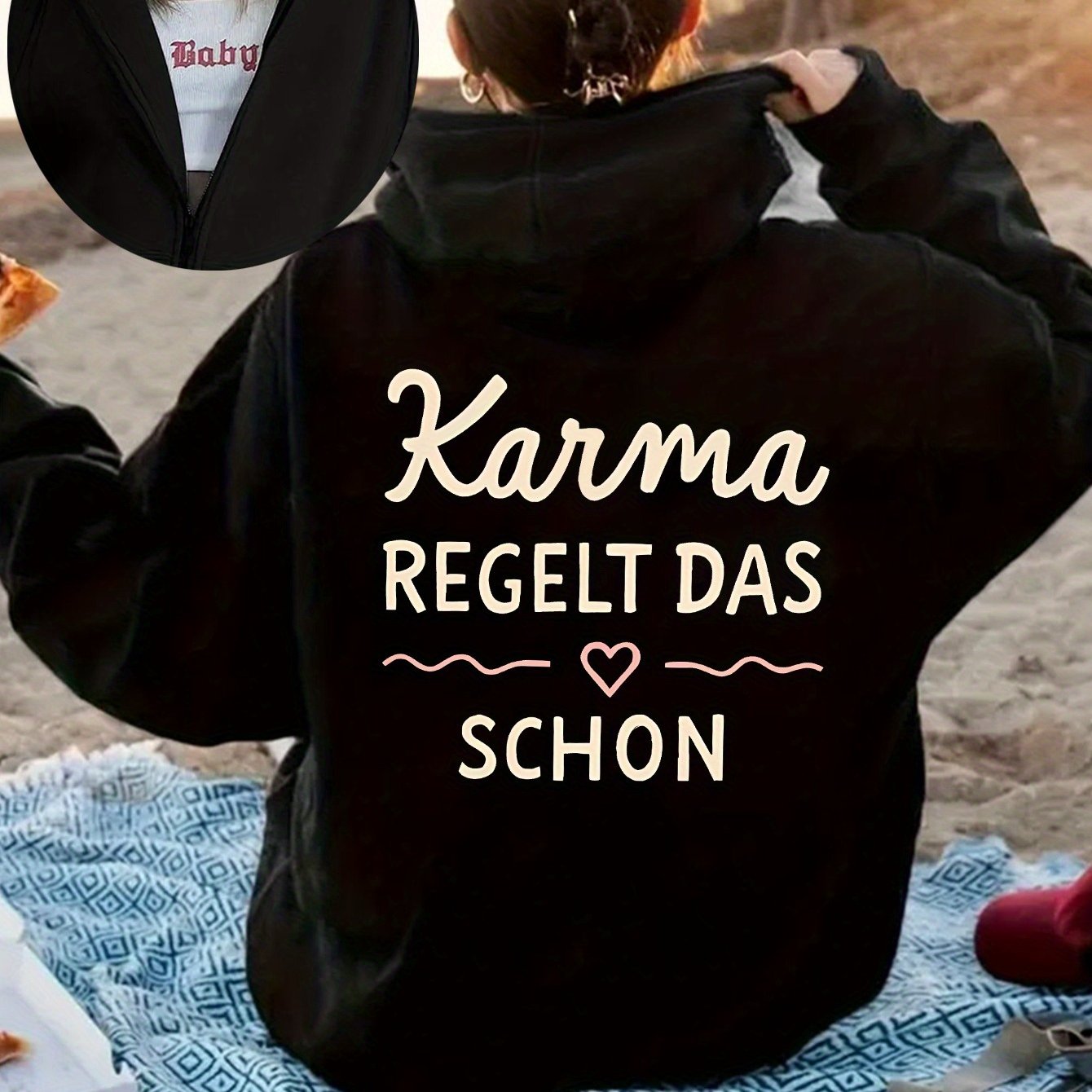 TEMU Lässiger modischer Freizeit-Sport-Hoodie für Damen im deutschen Stil, Reißverschluss-Design, Rückenaufdruck