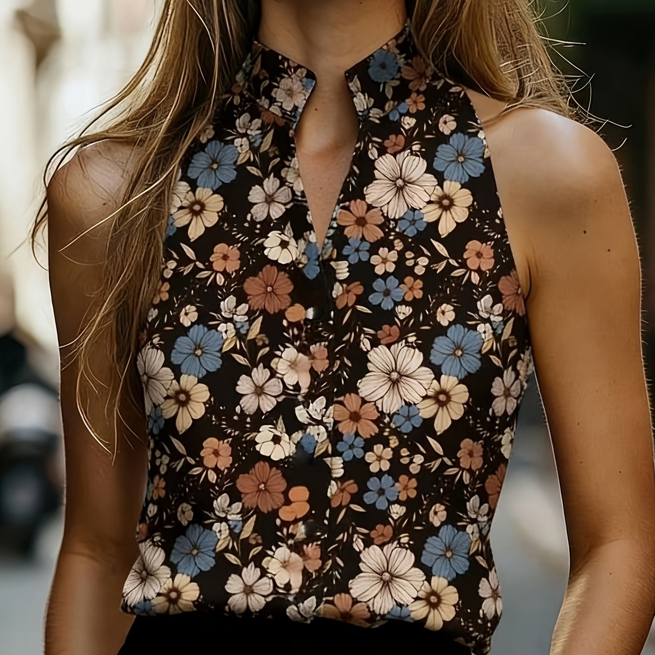 TEMU Balvessa Women's Sleeveless Stand Collar Floral Print Vest, Versatile And, Essential For Commuting, Suitable For Spring And Summer