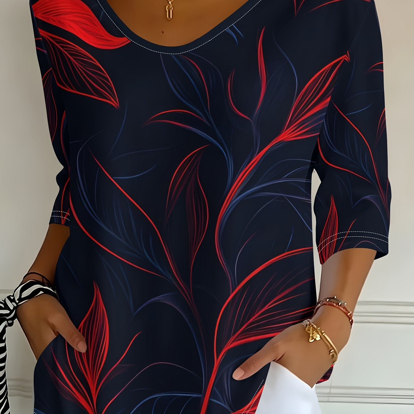 TEMU Women's V-neck Three-quarter Sleeve T-shirt With Dark Base Red And Blue Pattern Print, Spring/autumn Casual Top