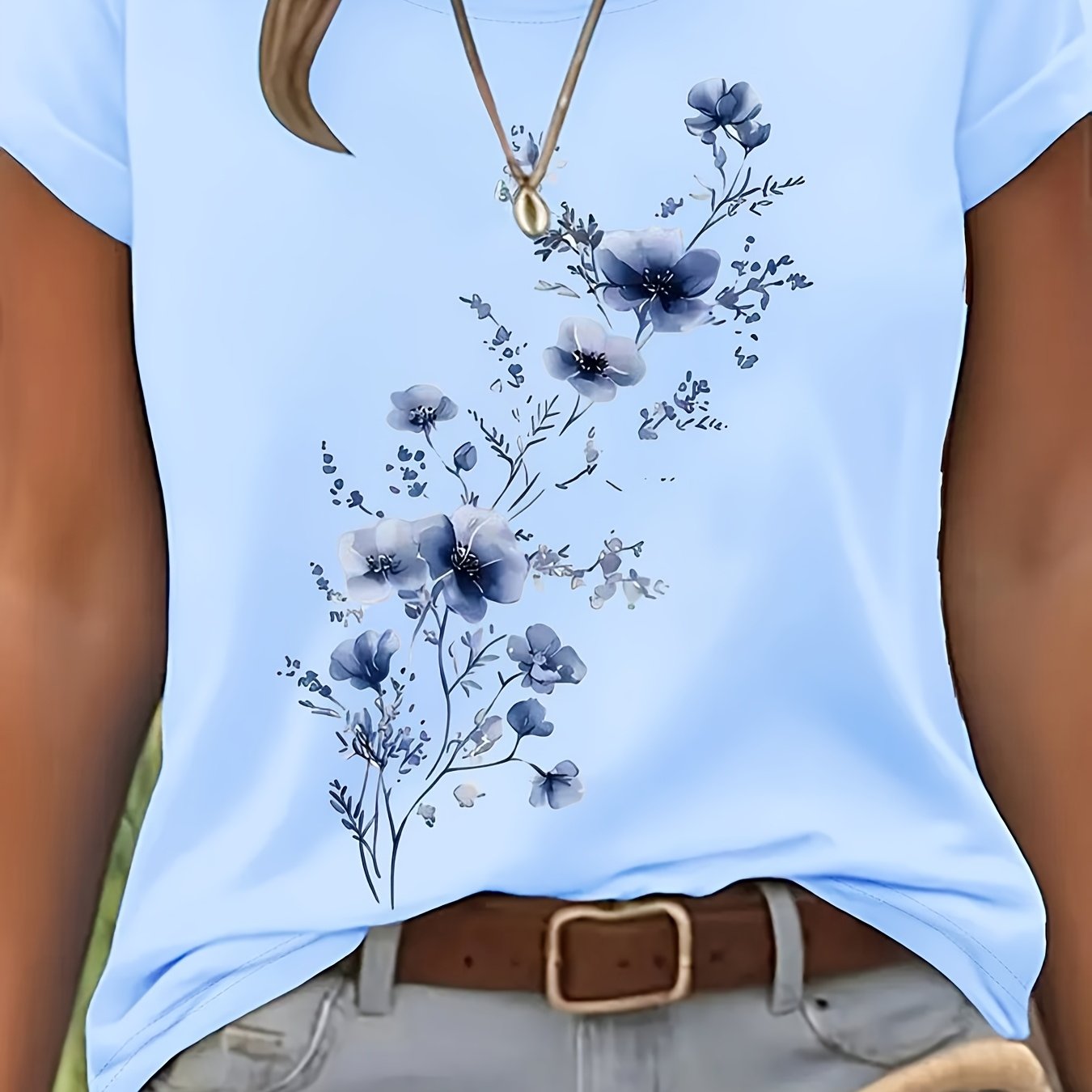 TEMU Watercolor Clean Floral Pattern Printed Women's Fashionable T-shirt Made Of Pure Material, For Spring, Summer And Autumn, Essential For Leisure