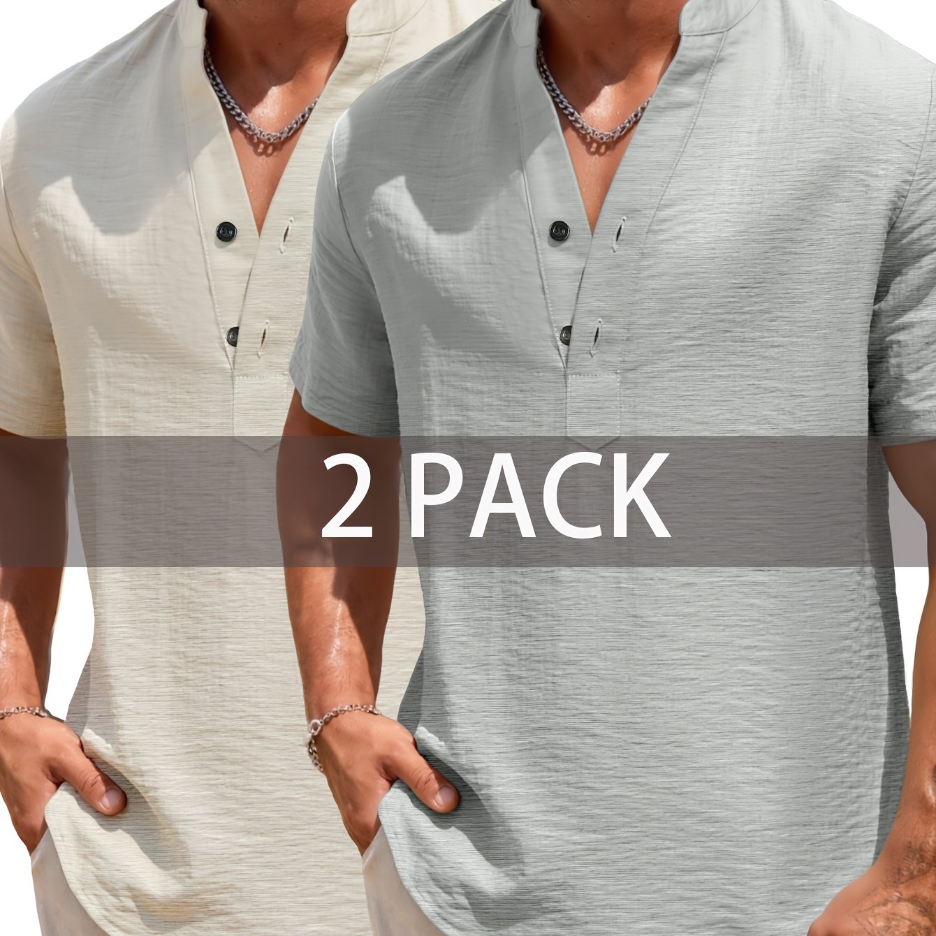 2pcs Men's Henley Shirt Solid Color Half-button Casual Shirt Men's Linen Shirt Men's Summer Top V-neck Men's Shirt