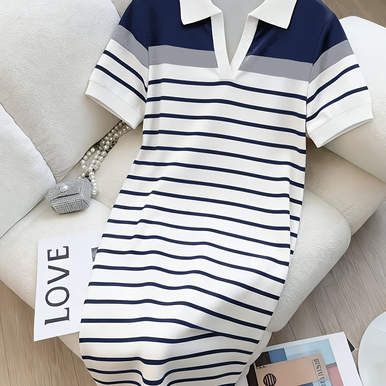 TEMU 2026 Summer New Arrival Women's Collar Striped Dress, Navy Blue Color Block V-neck Casual Midi T-shirt Dress